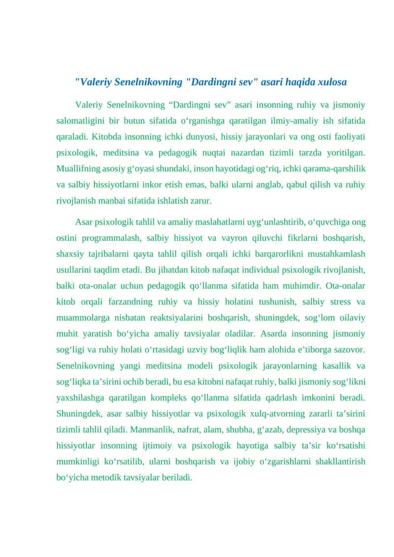 "Valeriy Senelnikovning "Dardingni sev" asari haqida xulosa