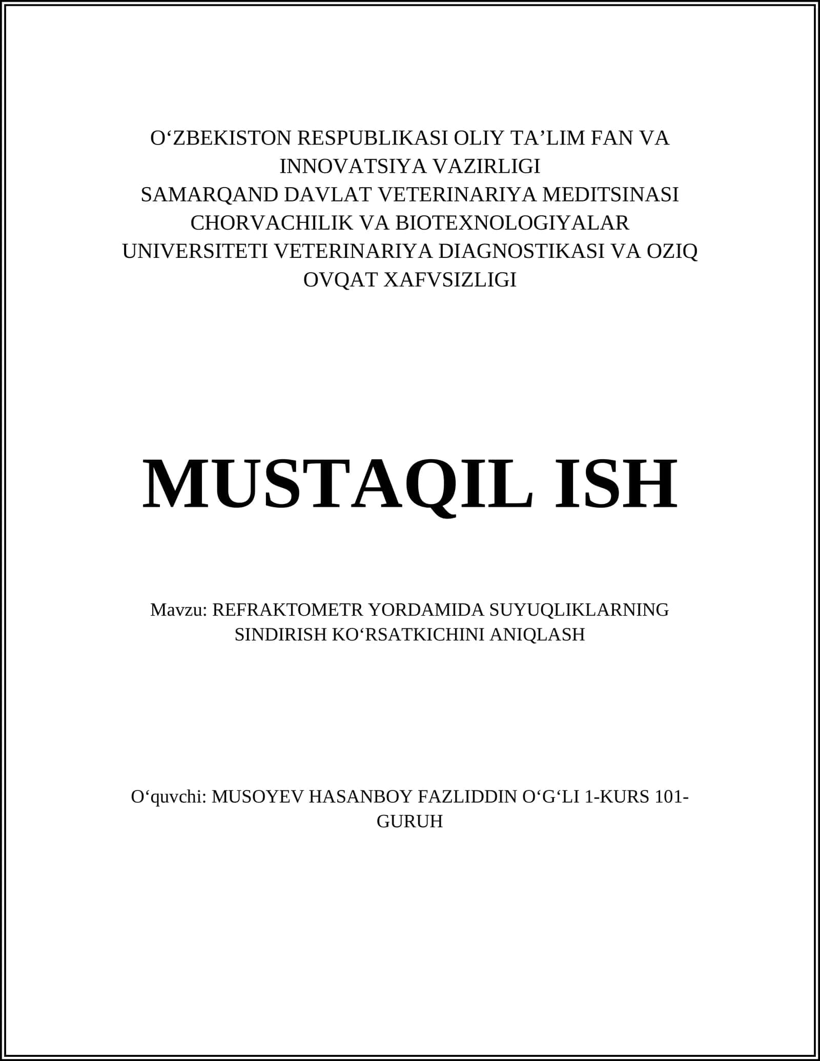 REFRAKTOMETR YORDAMIDA SUYUQLIKLARNING SINDIRISH KOʻRSATKICHINI ANIQLASH