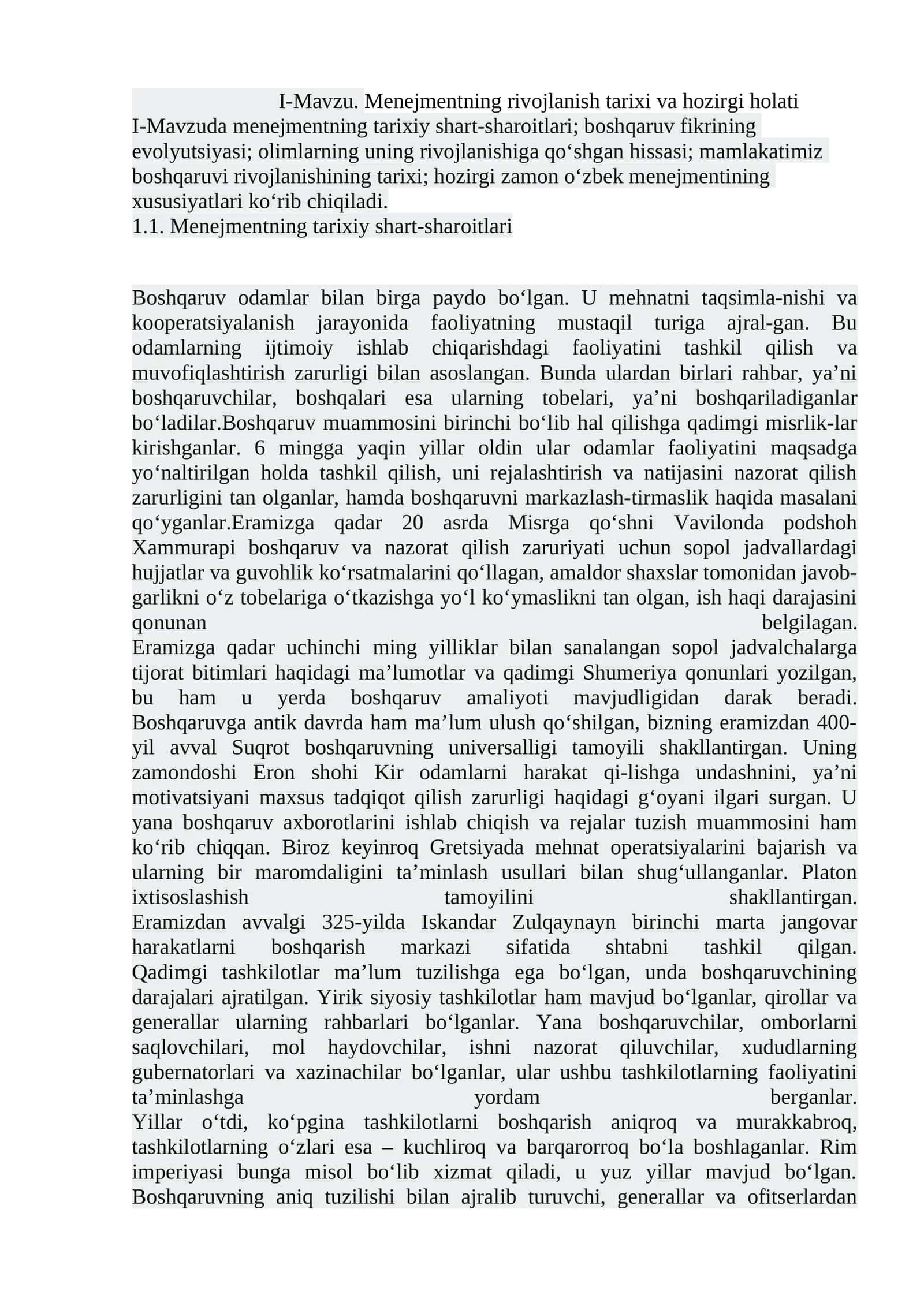 I-Mavzu.Menejmentning rivojlanish tarixi va hozirgi holati