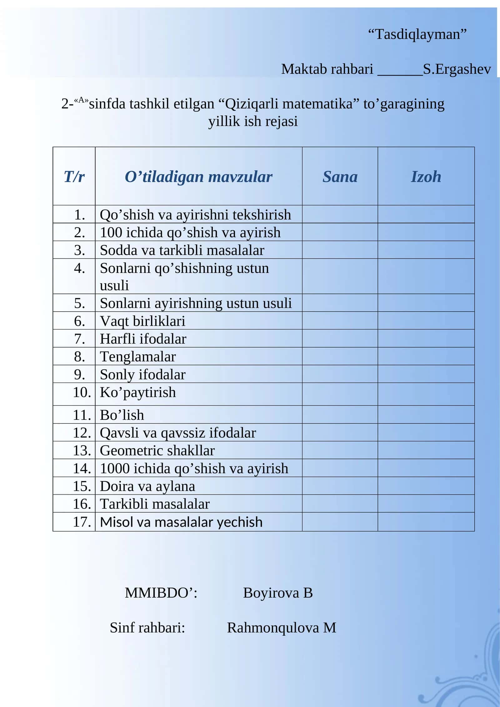 2-sinf Matematika fanidan to'garak hujjatlari, konspekti, ish rejasi