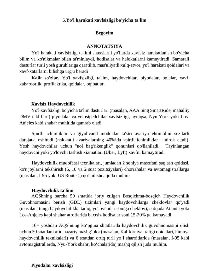 Yo'l harakati xavfsizligi bo'yicha ta'lim