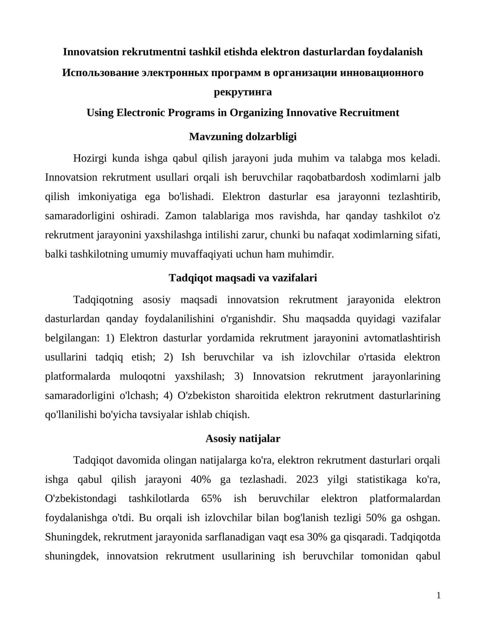 Innovatsion rekrutmentni tashkil etishda elektron dasturlardan foydalanish