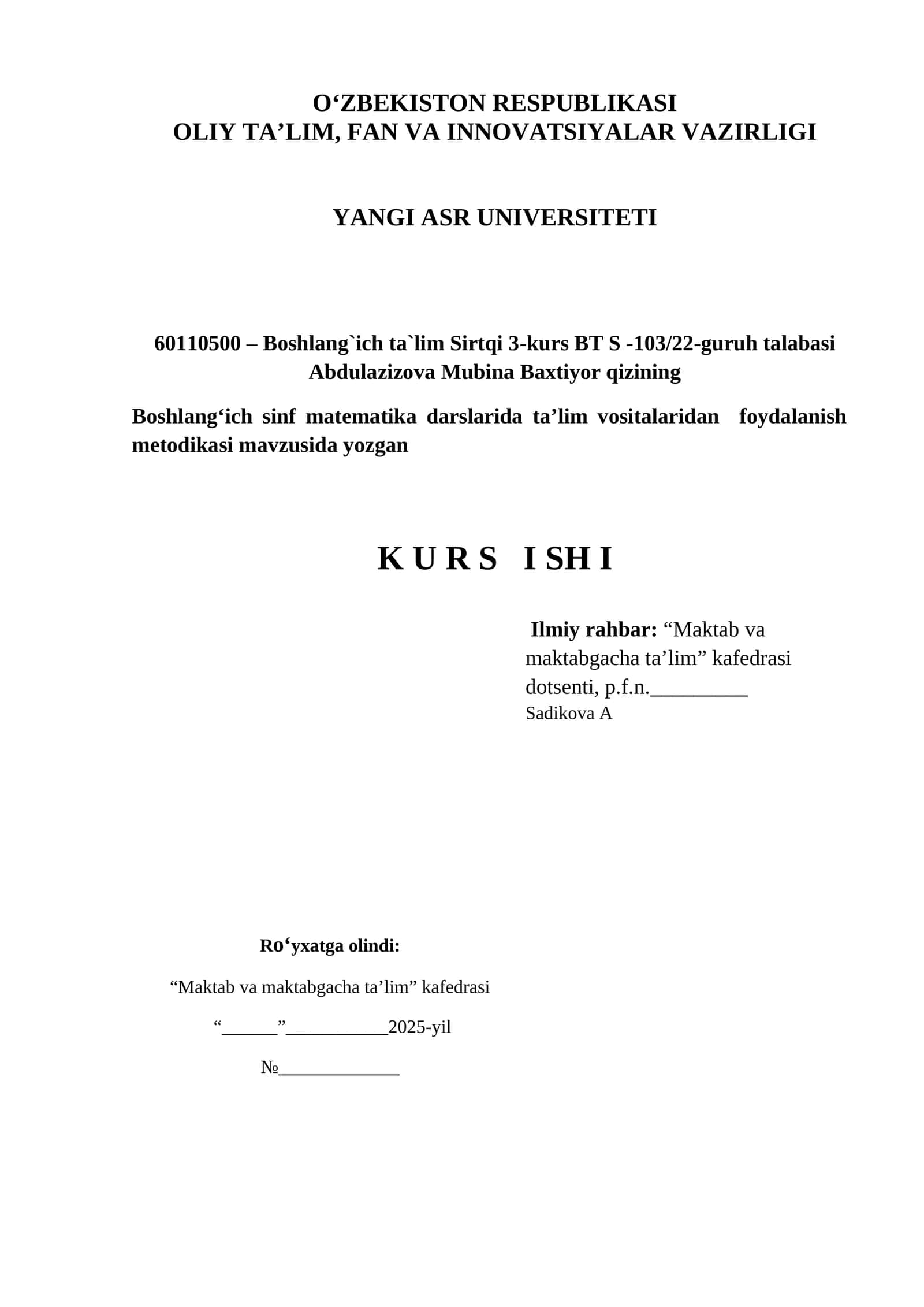 Boshlang‘ich sinf matematika darslarida ta’lim vositalaridan foydalanish metodikasi