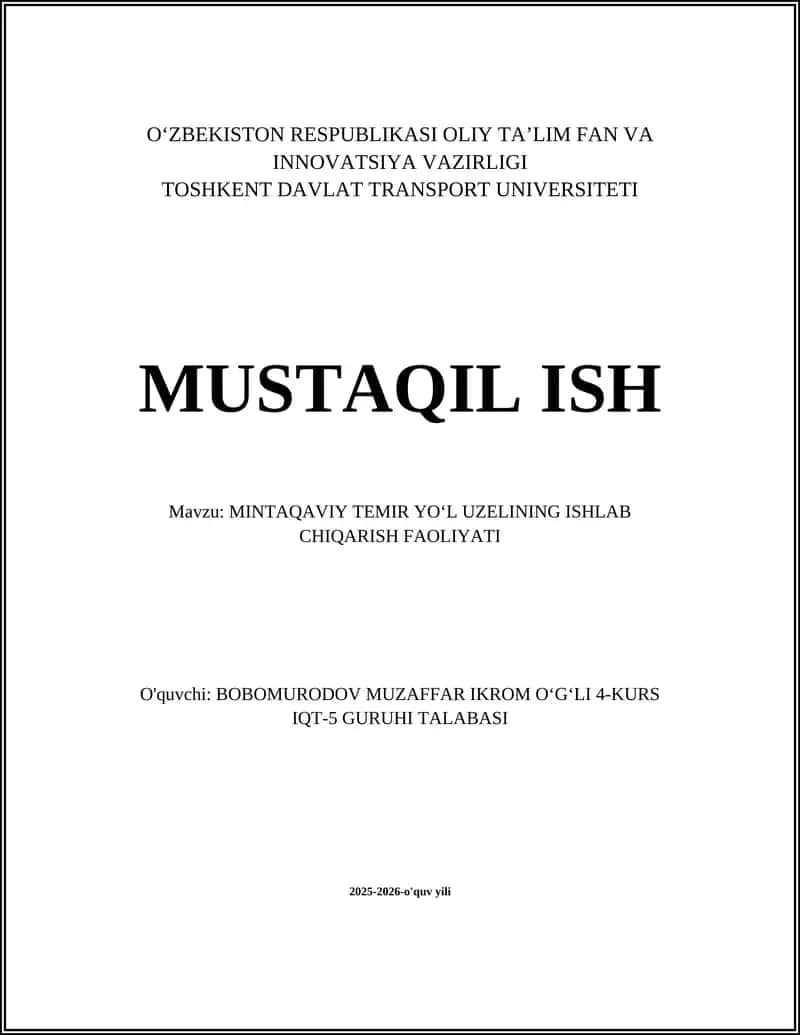 Mintaqaviy Temir Yoʻl Uzelining Ishlab Chiqarish Faoliyati