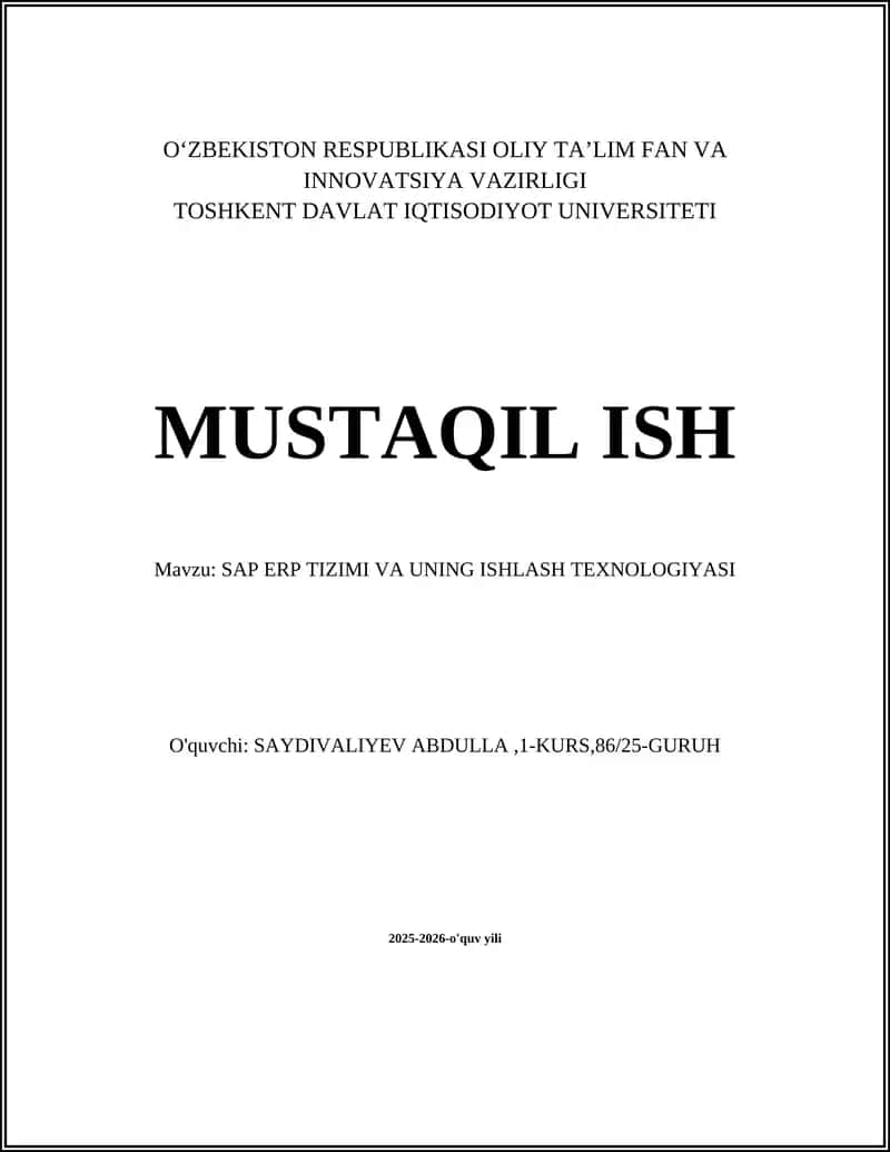 SAP ERP TIZIMI VA UNING ISHLASH TEXNOLOGIYASI