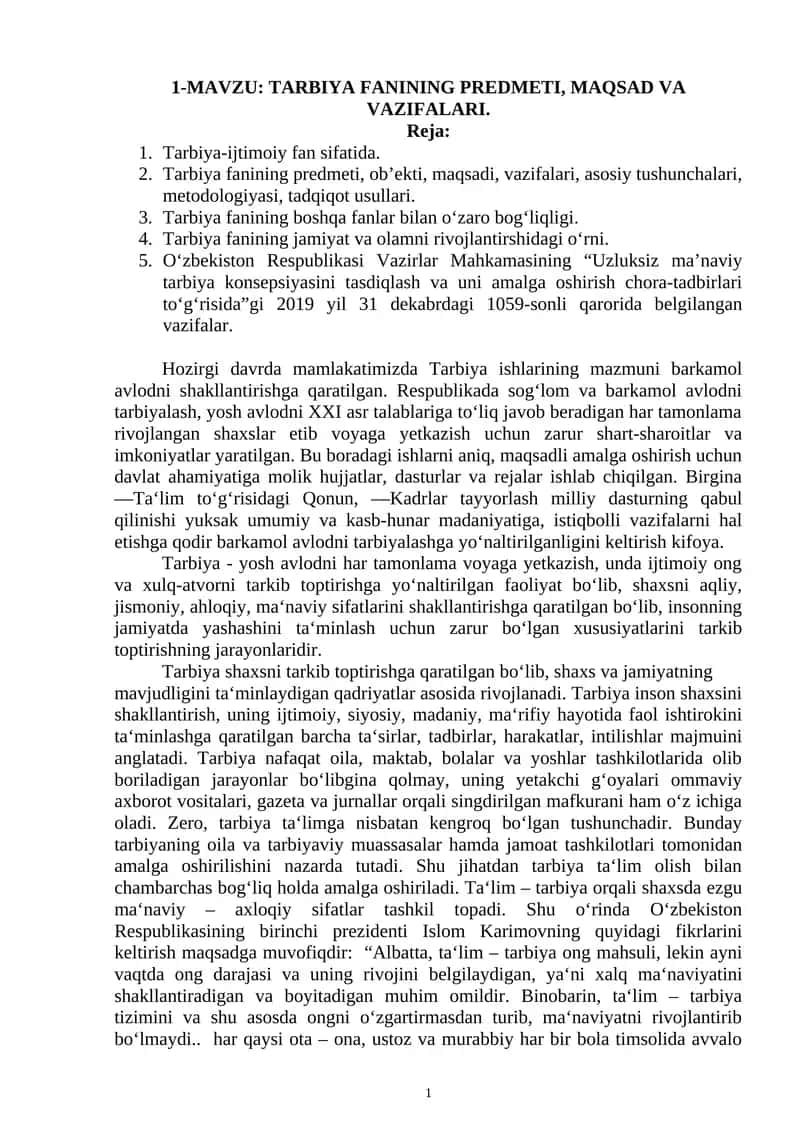 Tarbiya Fanining Predmeti, Maqsad va Vazifalari
