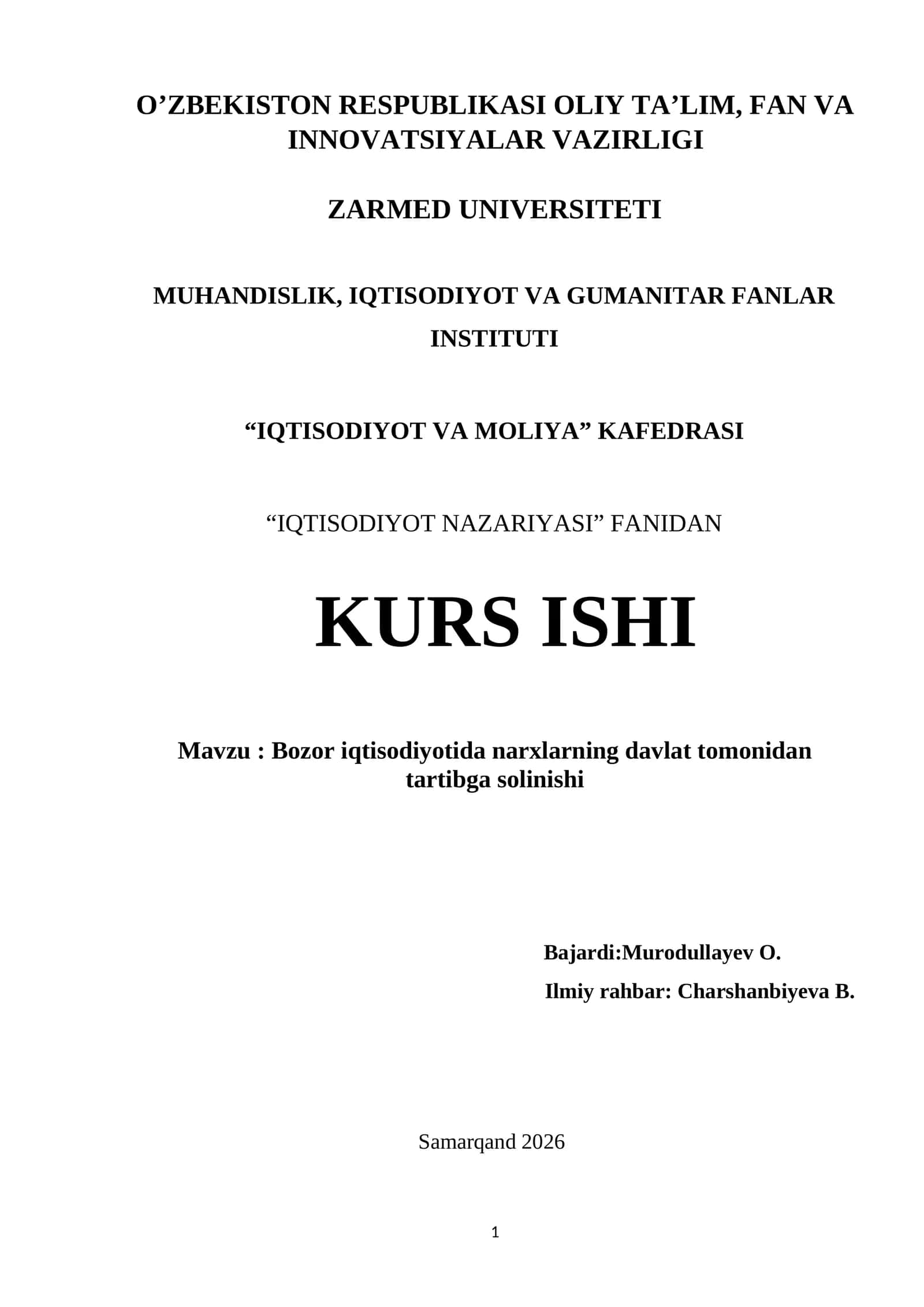 Bozor iqtisodiyotida narxlarning davlat tomonidan tartibga solinishi