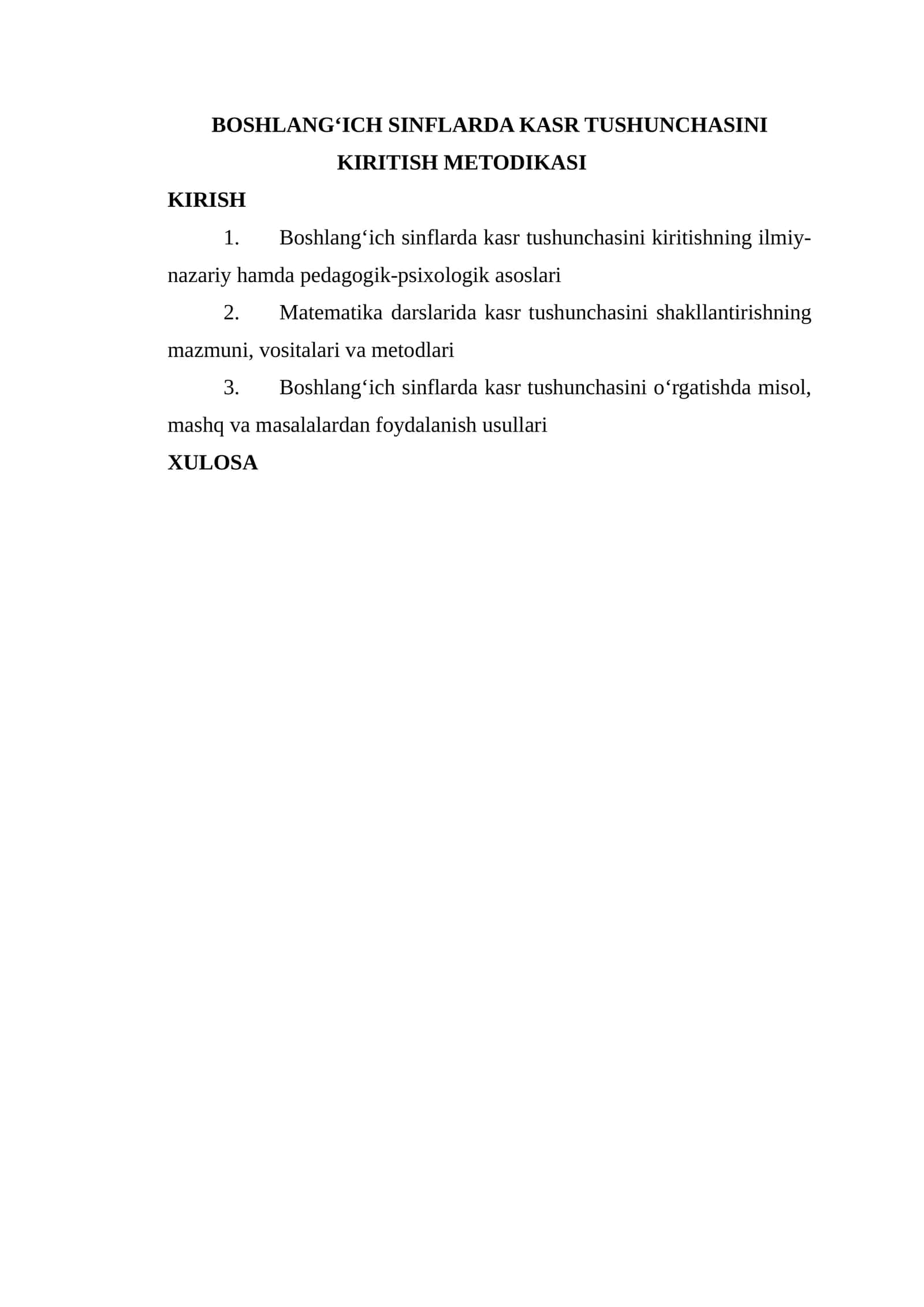 Boshlang‘ich sinflarda kasr tushunchasini kiritish metodikasi