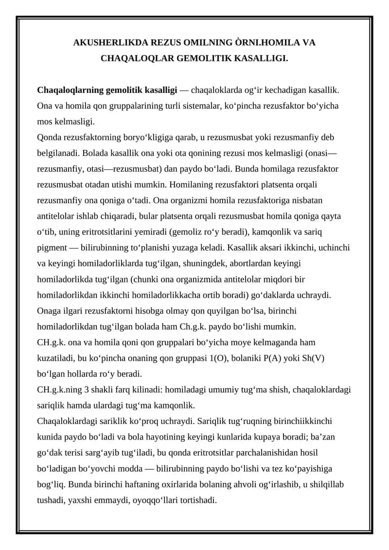 Chaqaloqlarning Gemolitik Kasalligi