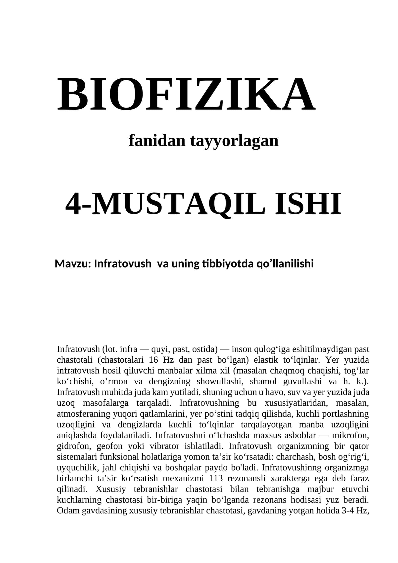 Infratovush va uning tibbiyotda qo’llanilishi