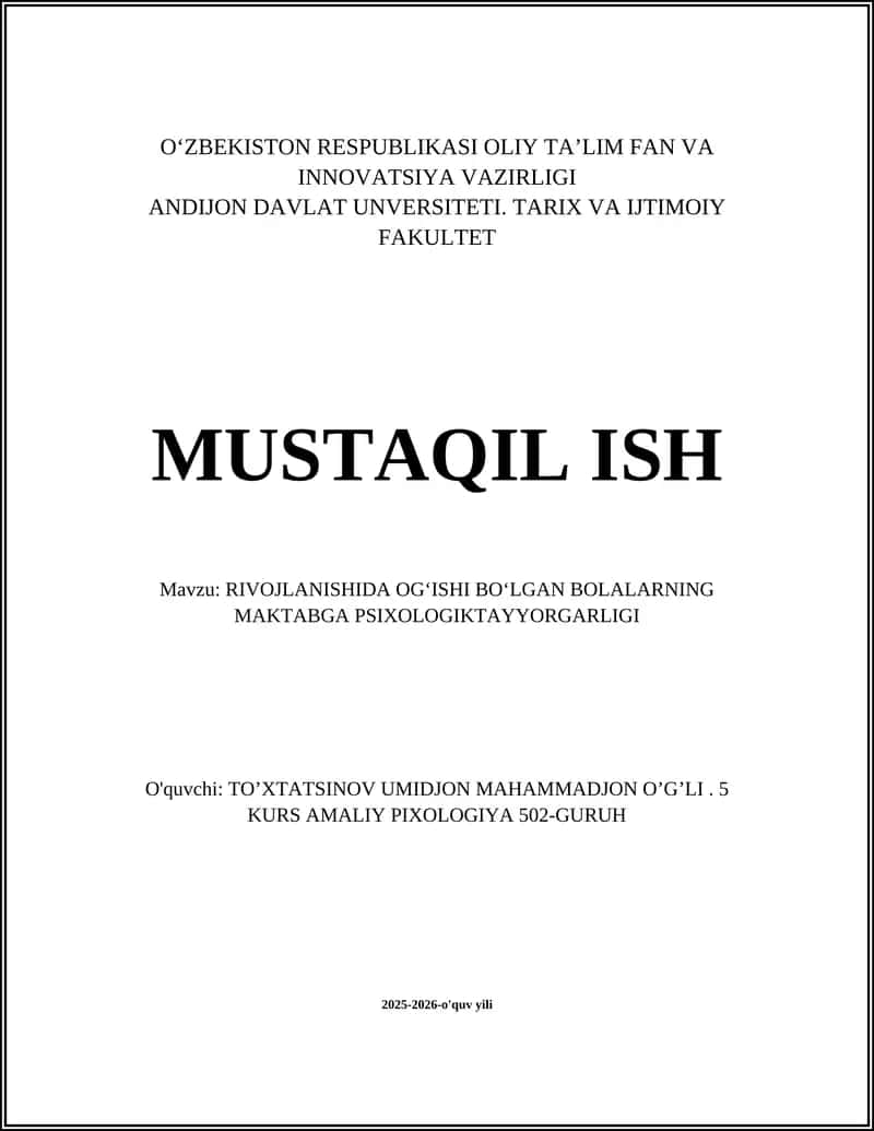 Rivojlanishida og‘ishi bo‘lgan bolalarning maktabga psixologik tayyorgarligi