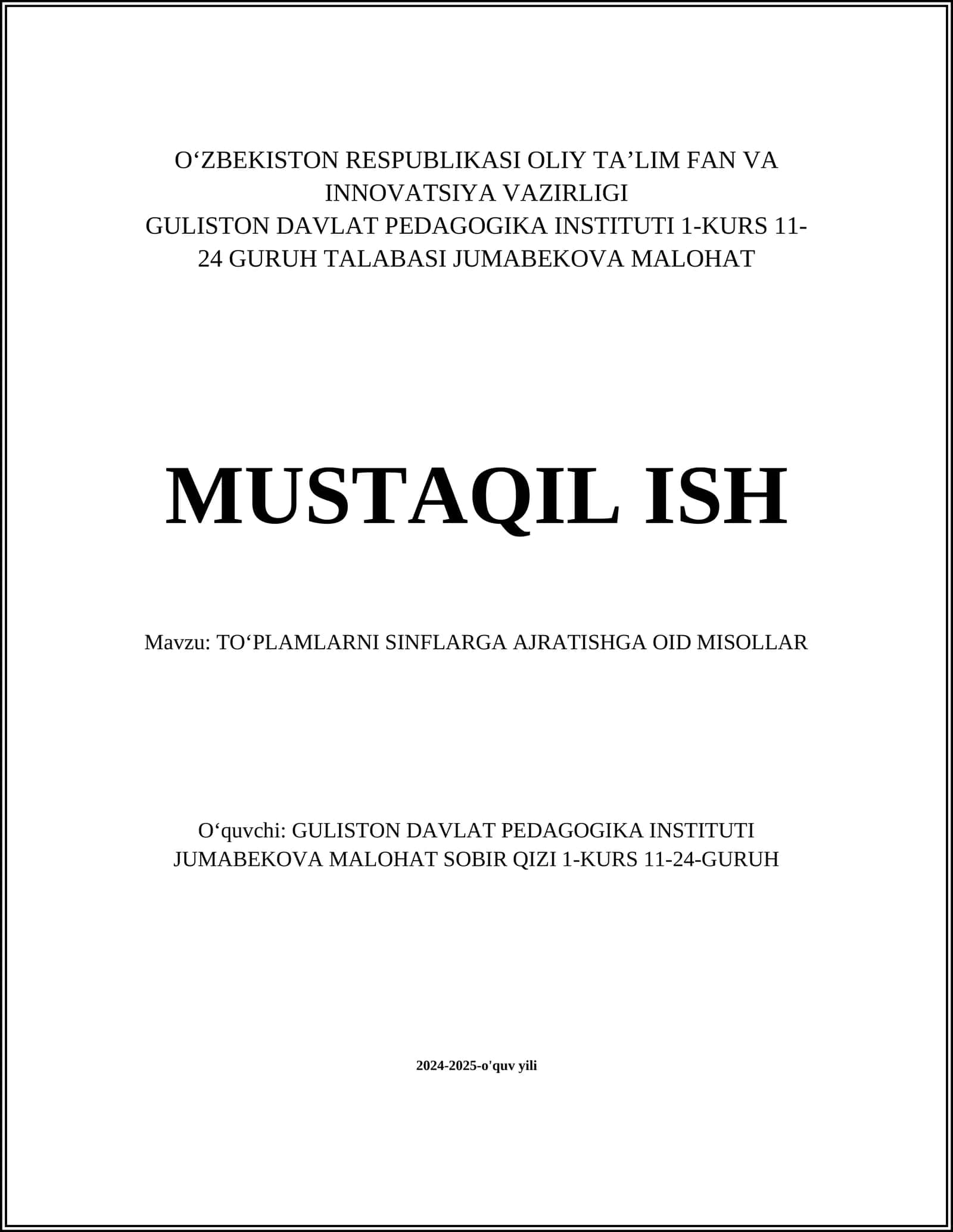 TOʻPLAMLARNI SINFLARGA AJRATISHGA OID MISOLLAR