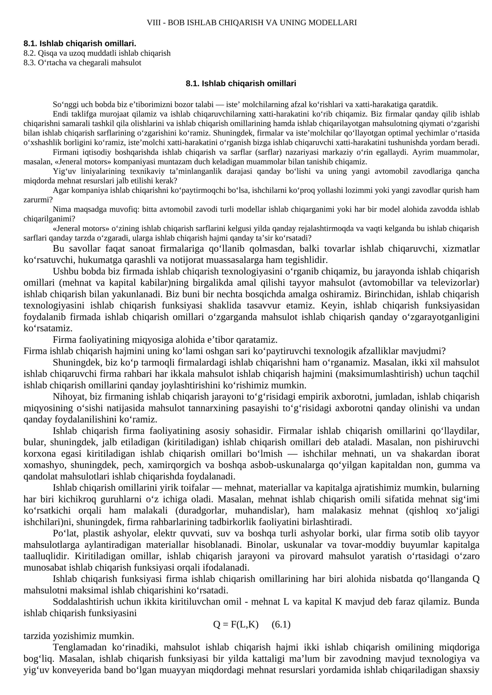 ISHLAB CHIQARISH VA UNING MODELLARI