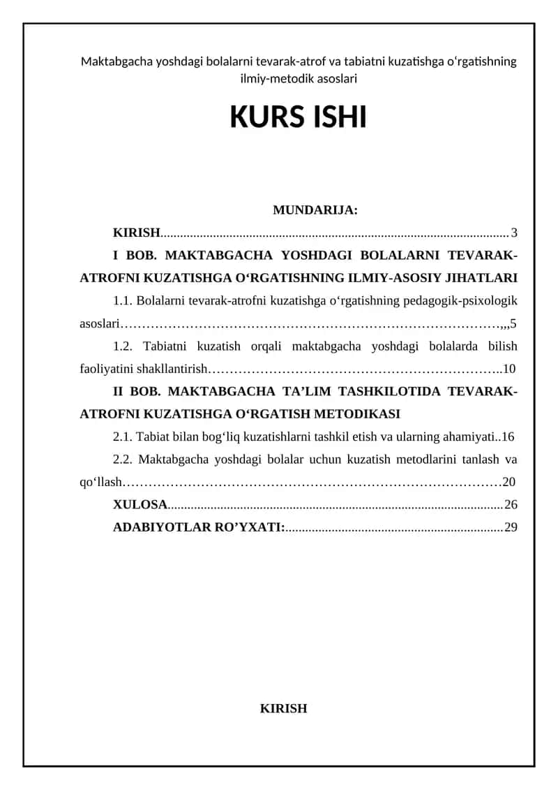 Maktabgacha yoshdagi bolalarni tevarak-atrof va tabiatni kuzatishga o‘rgatishning ilmiy-metodik asoslari