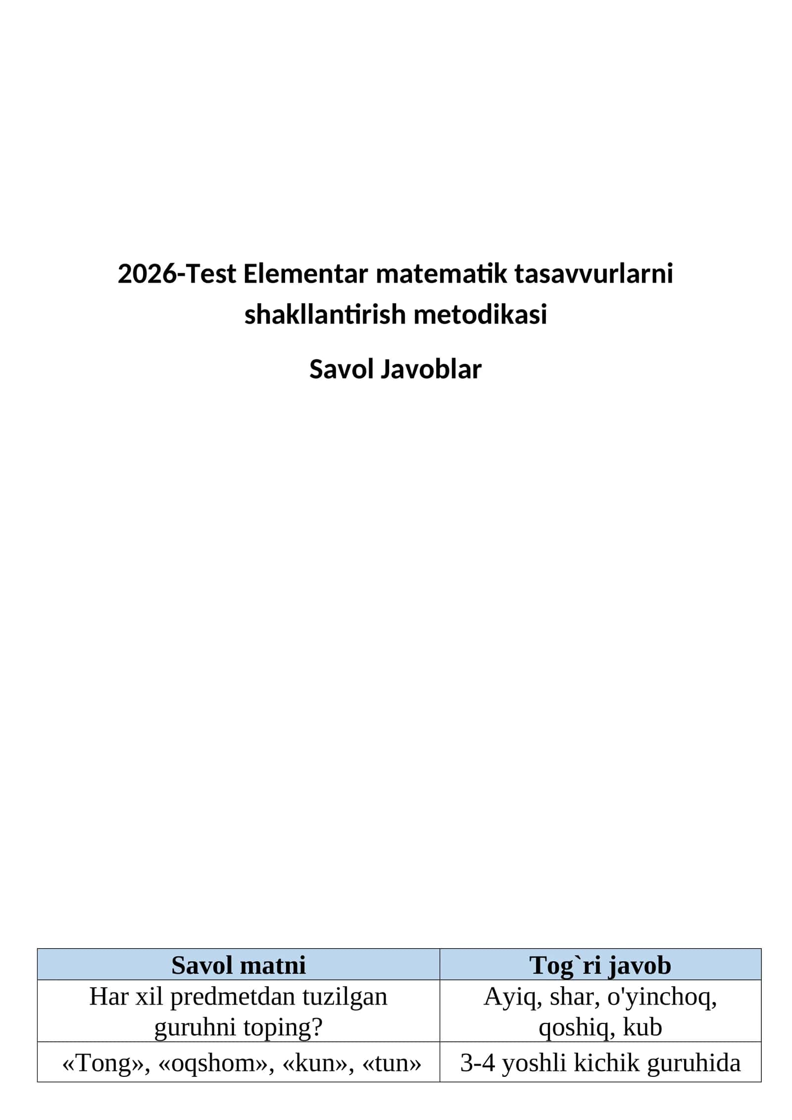 Elementar matematika test 200 Savol Javobibilan