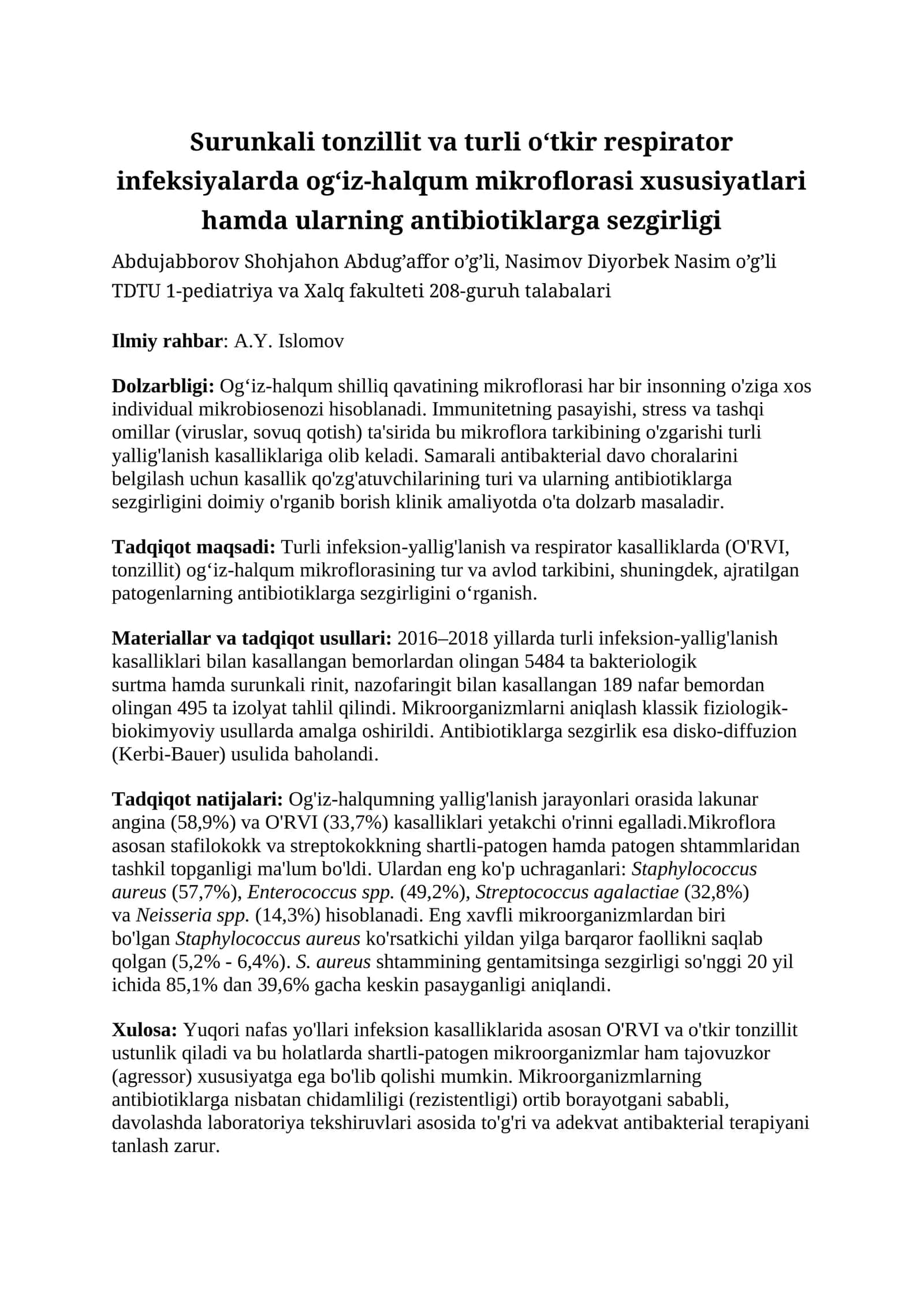 Surunkali tonzillit va turli o‘tkir respirator infeksiyalarda og‘iz-halqum mikroflorasi xususiyatlari hamda ularning antibiotiklarga sezgirligi