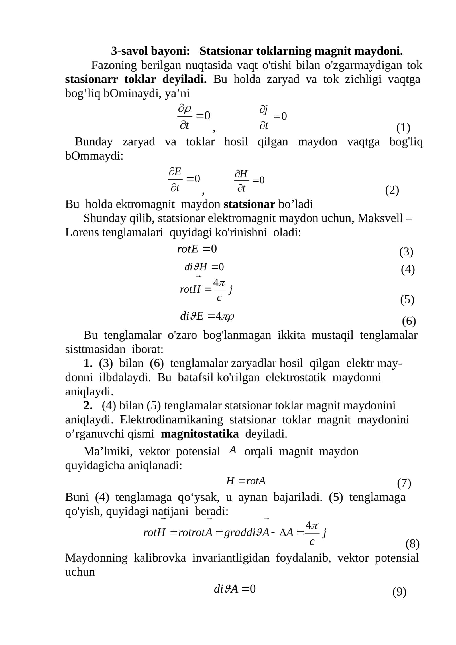 Statsionar toklarning magnit maydoni