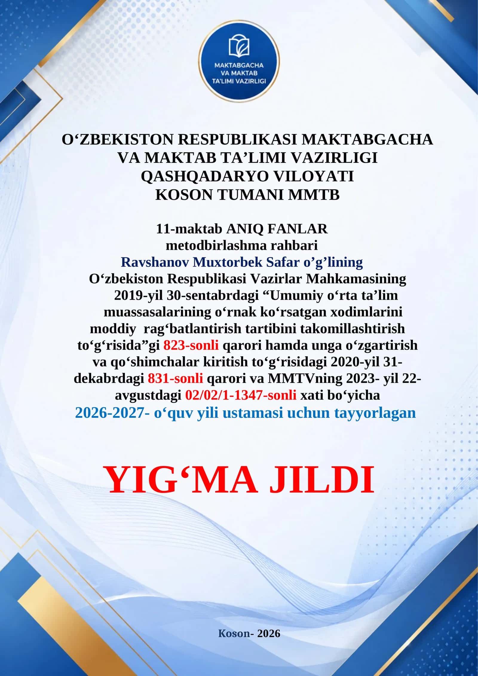 ANIQ FANLAR metodbirlashma ustama hujjatlari 10% 2025-2026