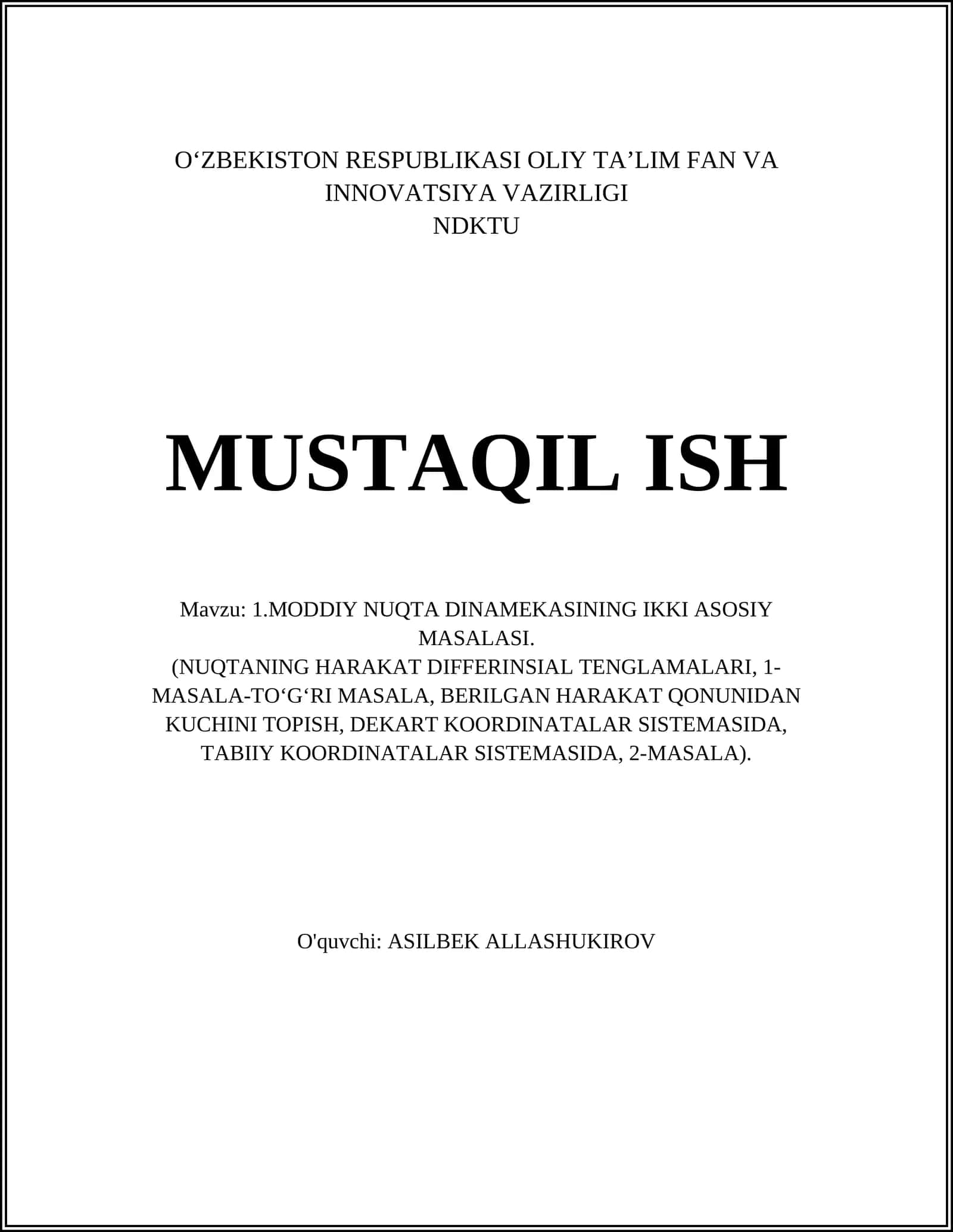 MODDIY NUQTA DINAMEKASINING IKKI ASOSIY MASALASI