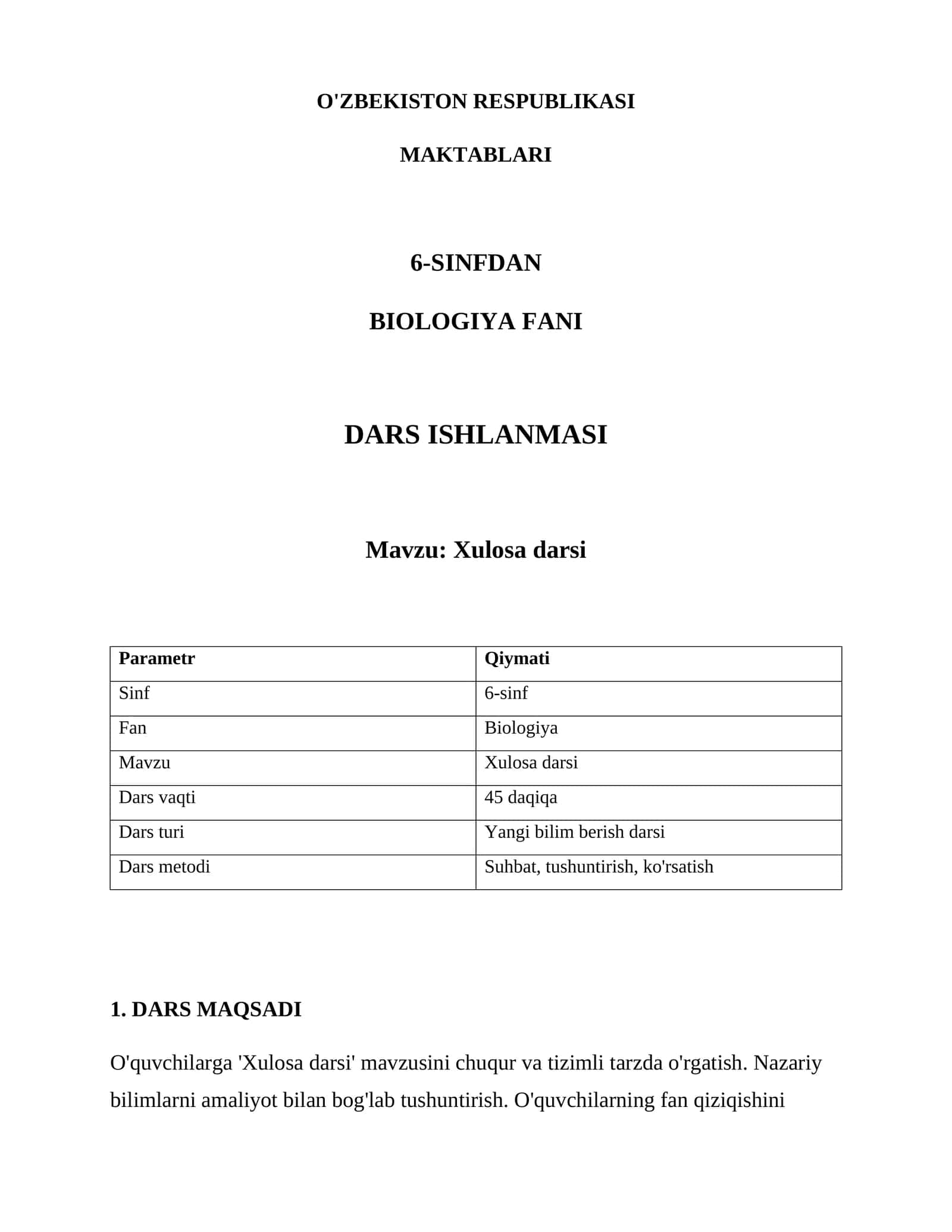 BIOLOGIYA FANI DARS ISHLANMASI