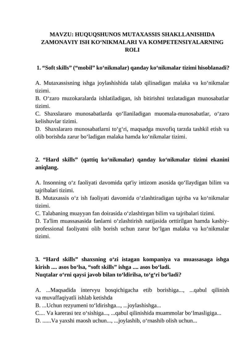 HUQUQSHUNOS MUTAXASSIS SHAKLLANISHIDA ZAMONAVIY ISH KOʻNIKMALARI VA KOMPETENSIYALARNING ROLI
