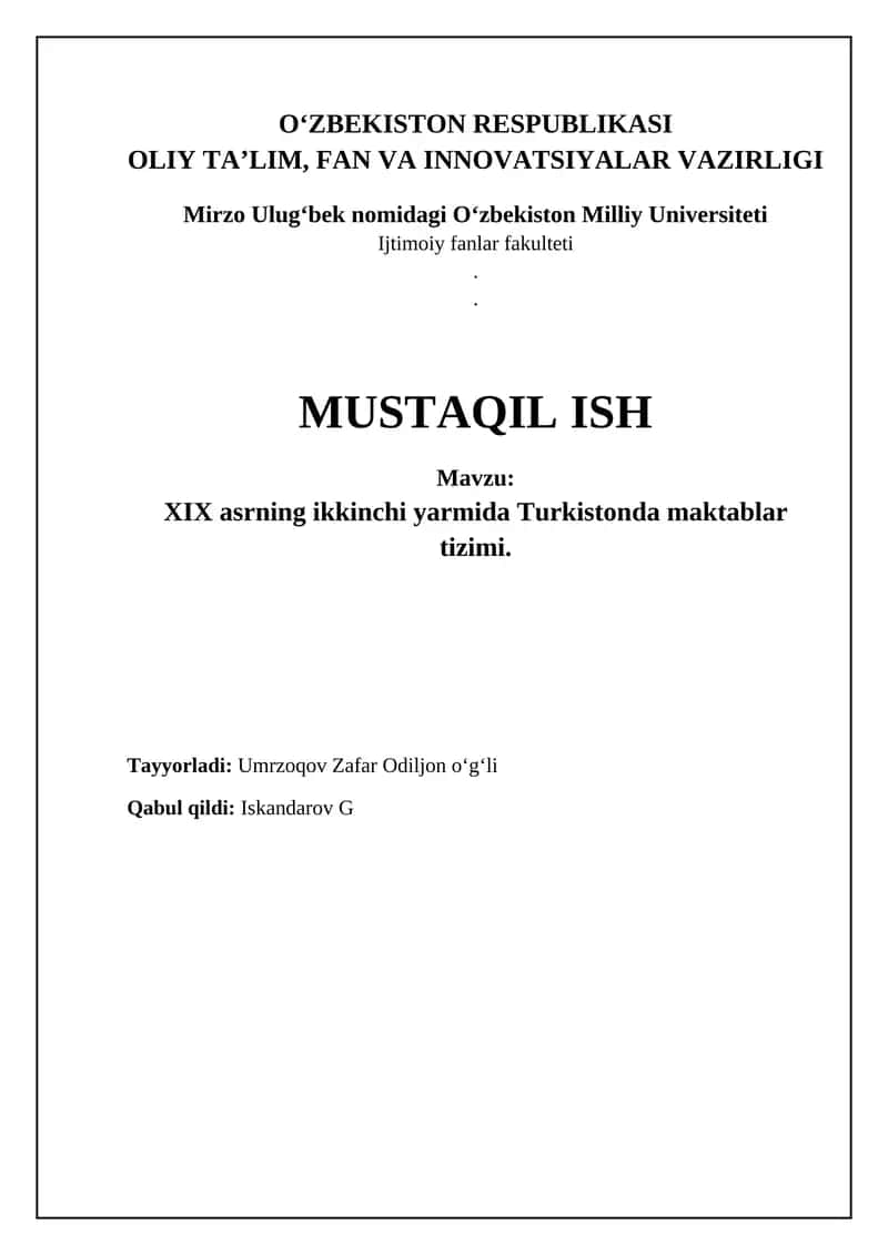 XIX asrning ikkinchi yarmida Turkistonda maktablar tizimi