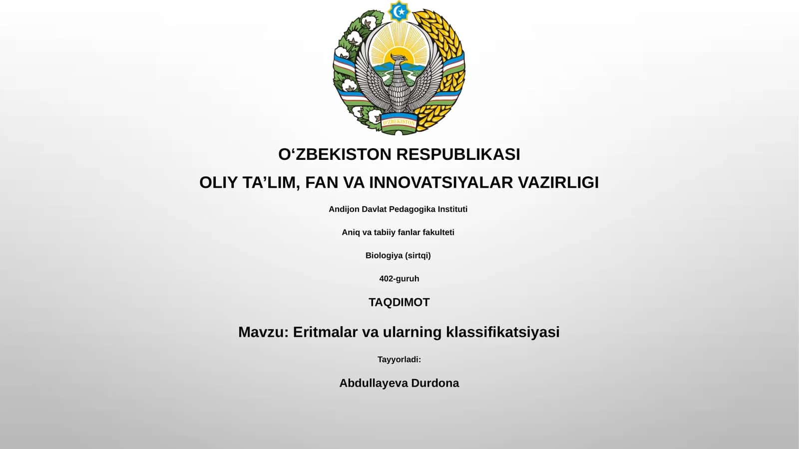 Eritmalar va ularning klassifikatsiyasi