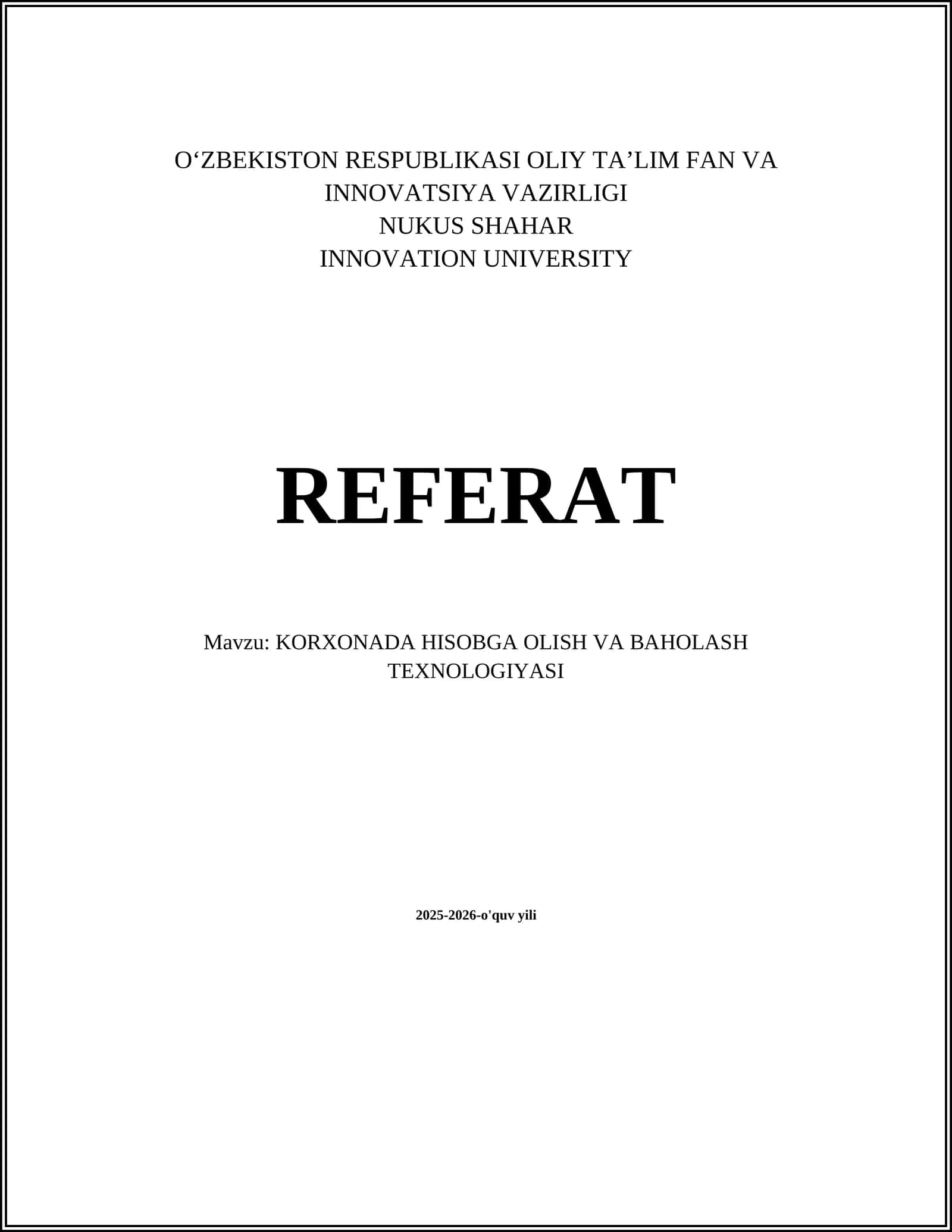 KORXONADA HISOBGA OLISH VA BAHOLASH TEXNOLOGIYASI