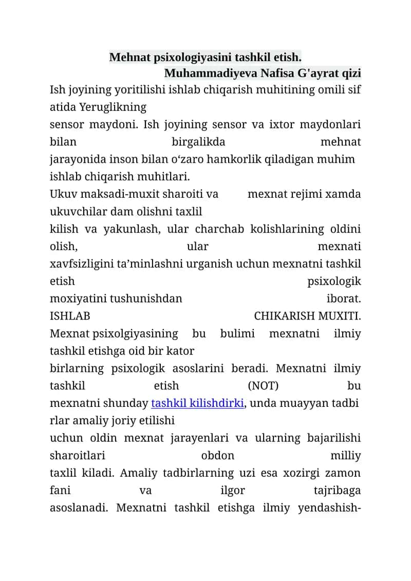 Mehnat psixologiyasini tashkil etish