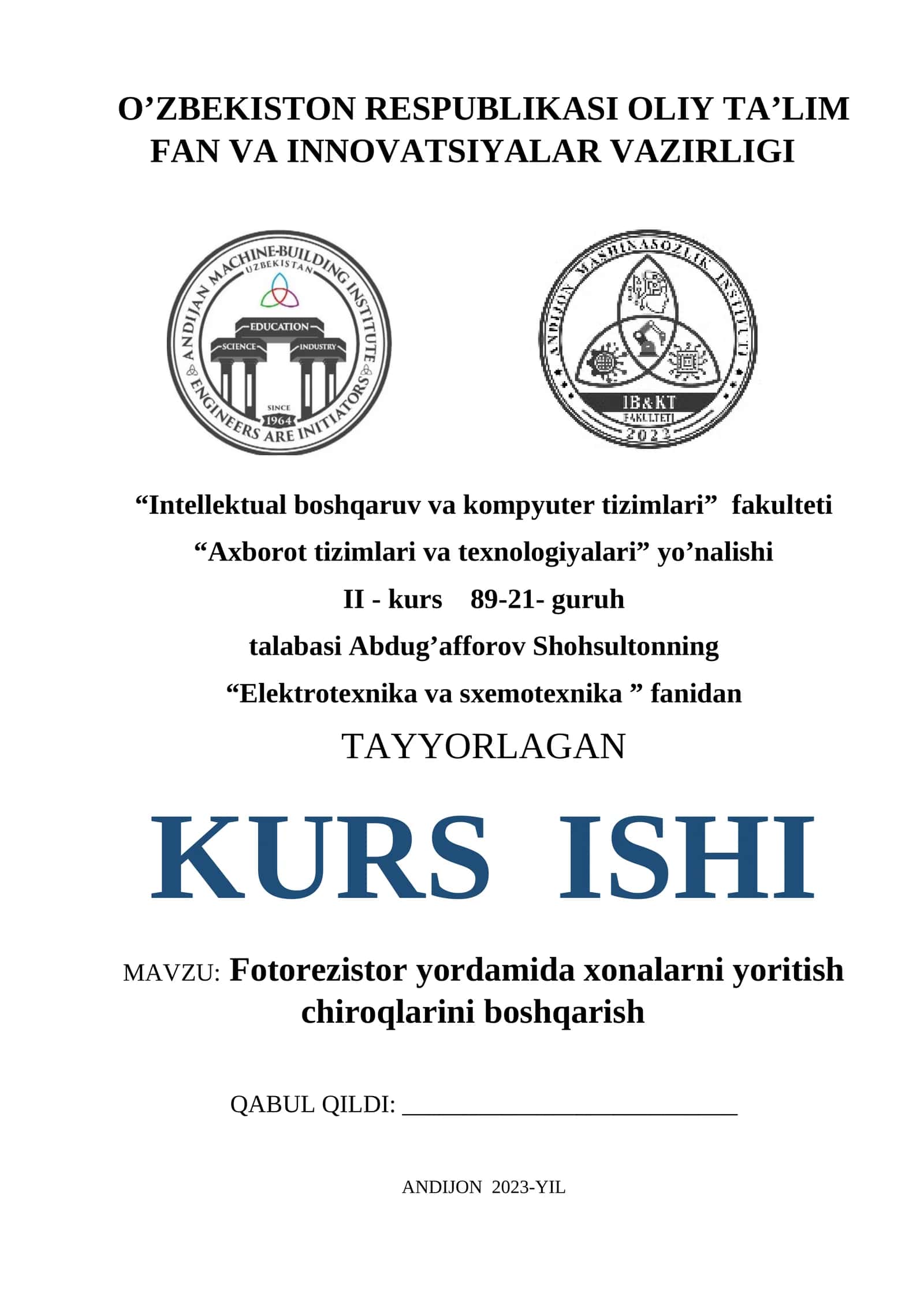 Fotorezistor yordamida xonalarni yoritish chiroqlarini boshqarish kurs ishi