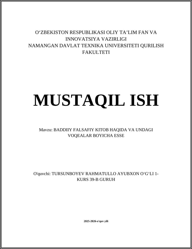 BADDIIY FALSAFIY KITOB HAQIDA VA UNDAGI VOQEALAR BOYICHA ESSE