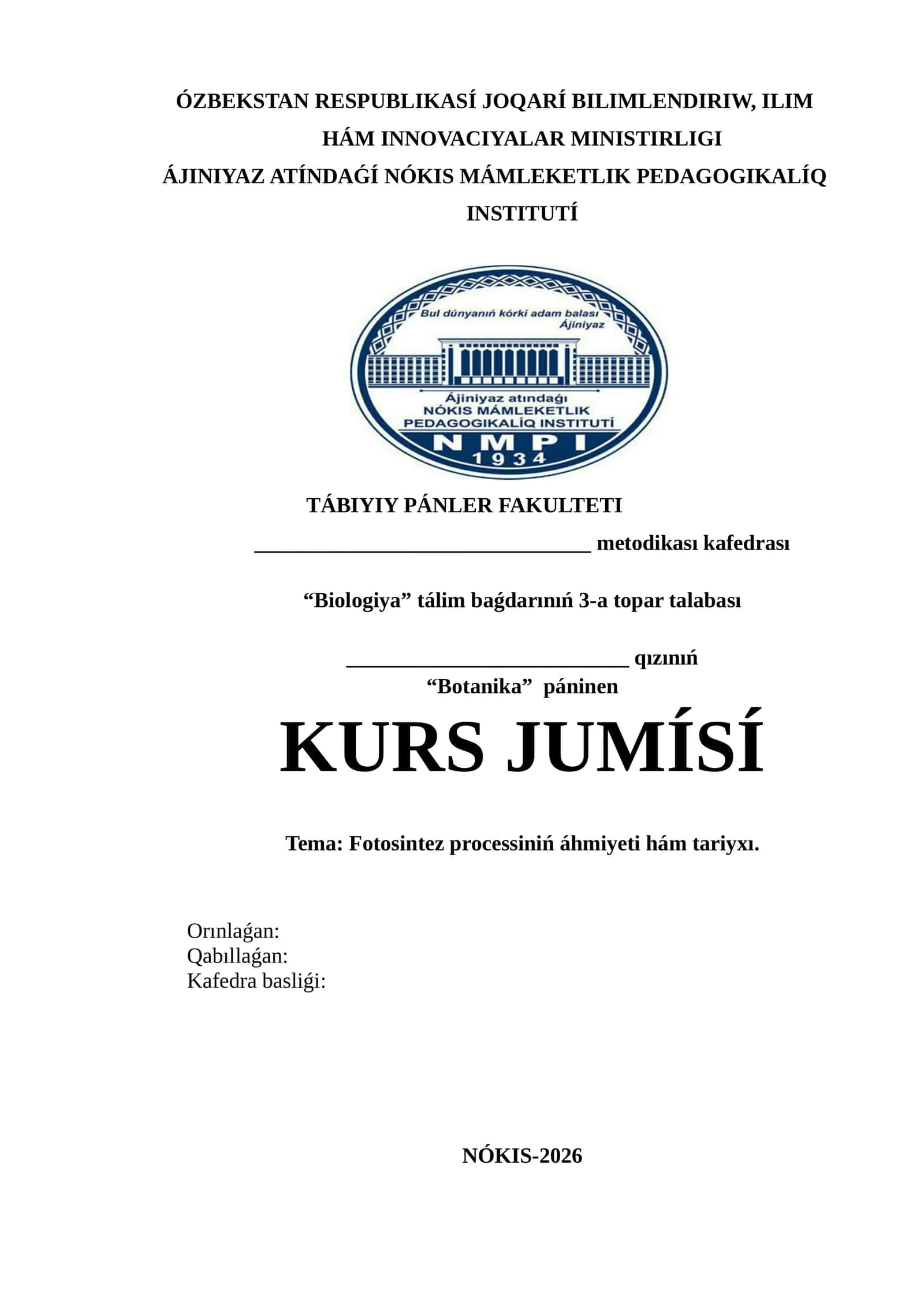 Fotosintez processiniń áhmiyeti hám tariyxı
