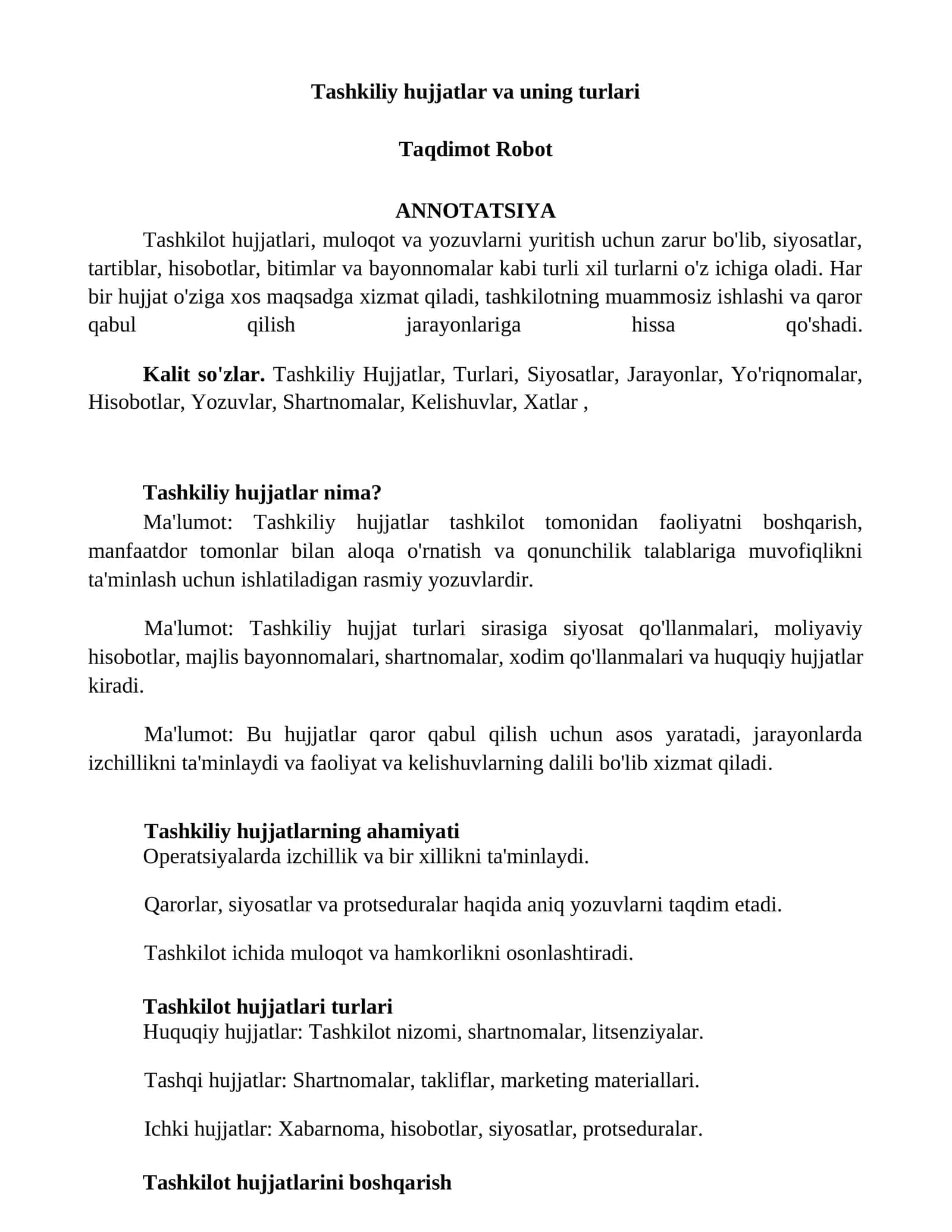 Tashkiliy hujjatlar va uning turlari