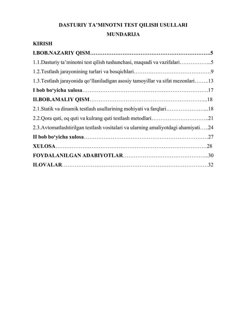 DASTURIY TA’MINOTNI TEST QILISH USULLARI