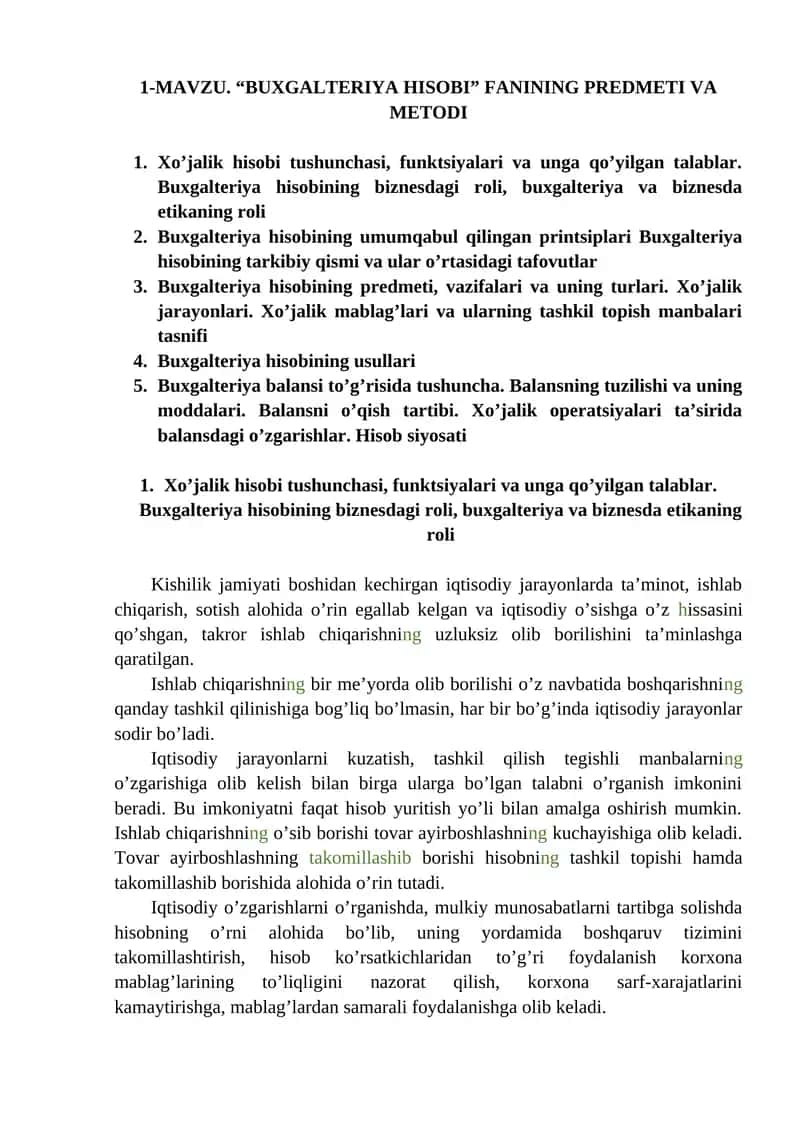 "BUXGALTERIYA HISOBI" FANINING PREDMETI VA METODI