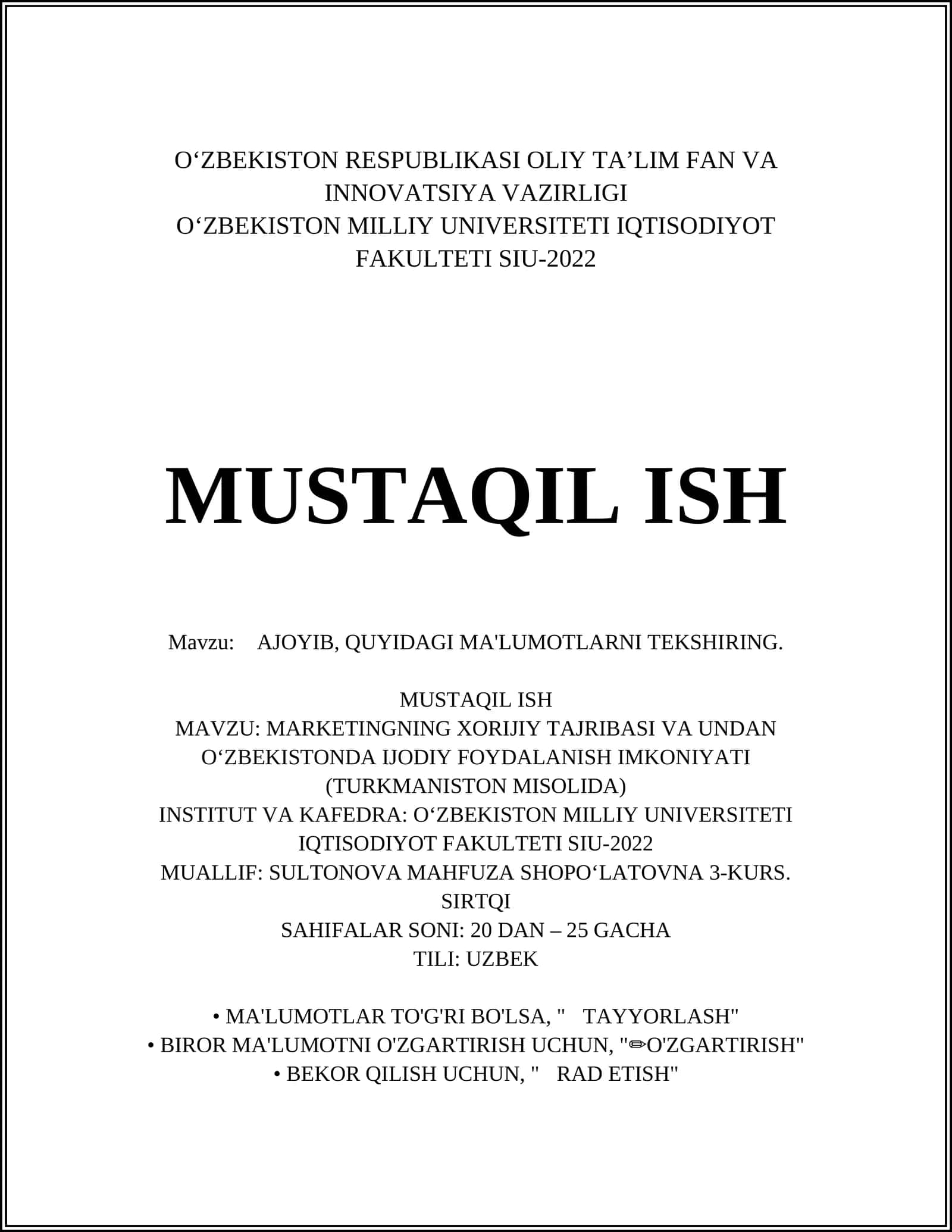 MARKETINGNING XORIJIY TAJRIBASI VA UNDAN OʻZBEKISTONDA IJODIY FOYDALANISH IMKONIYATI (TURKMANISTON MISOLIDA)