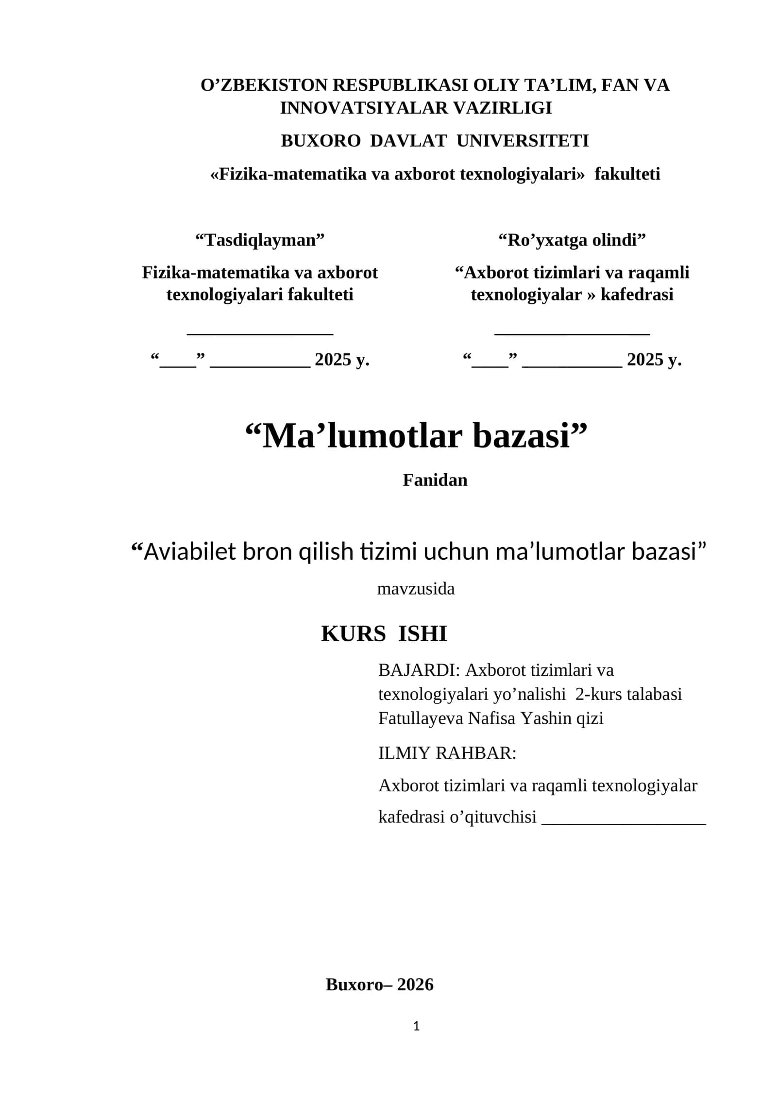 Aviabilet bron qilish tizimi uchun ma’lumotlar bazasi