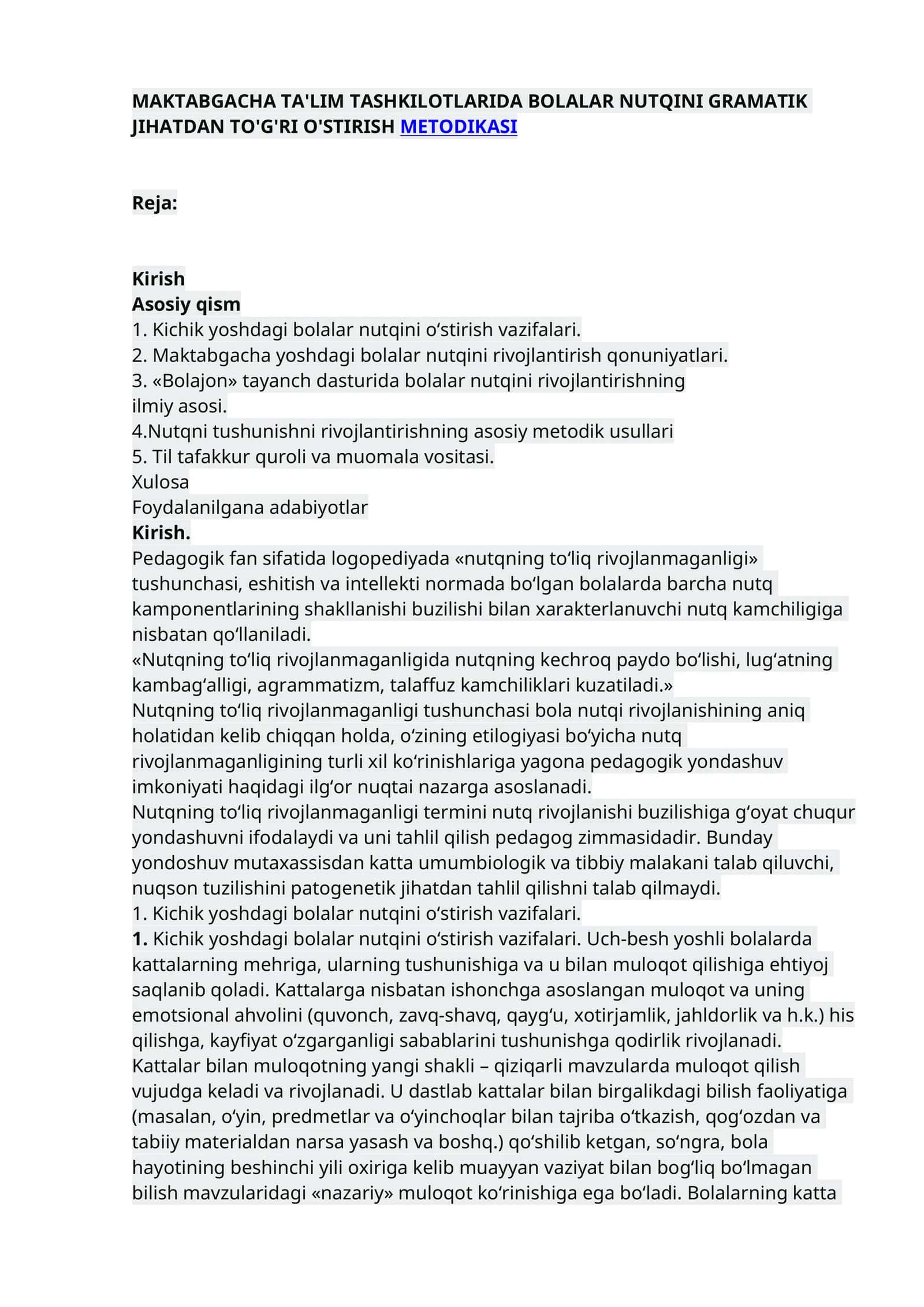 BOLALAR NUTQINI GRAMATIK JIHATDAN TO'G'RI O'STIRISH METODIKASI