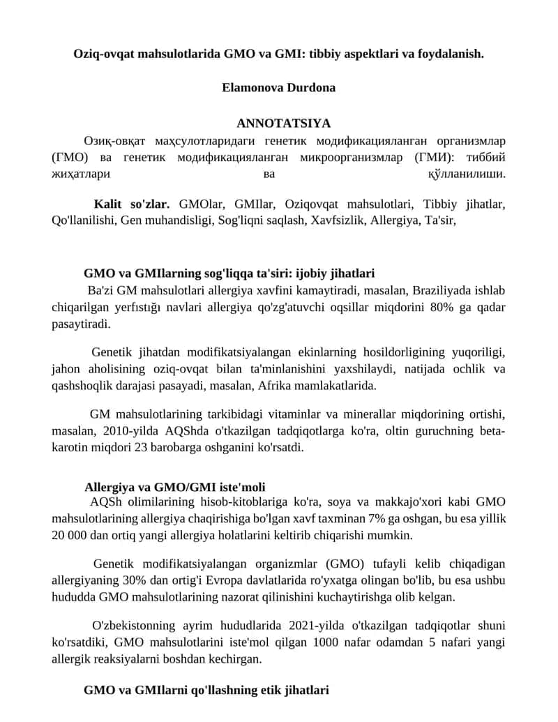 Oziq-ovqat mahsulotlarida GMO va GMI: tibbiy aspektlari va foydalanish