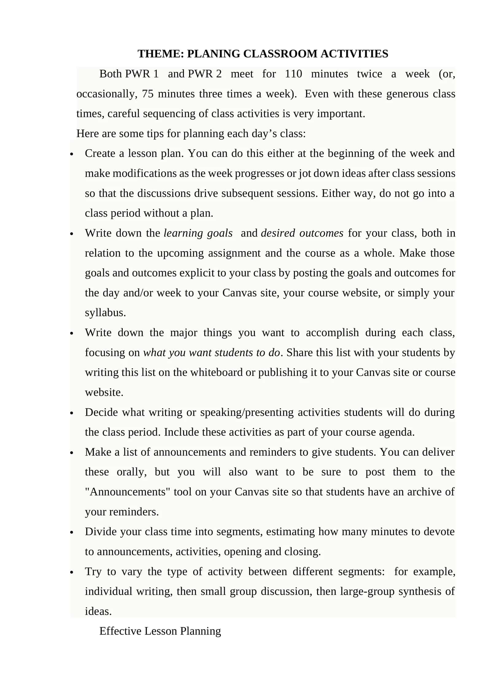 Planning Classroom Activities
