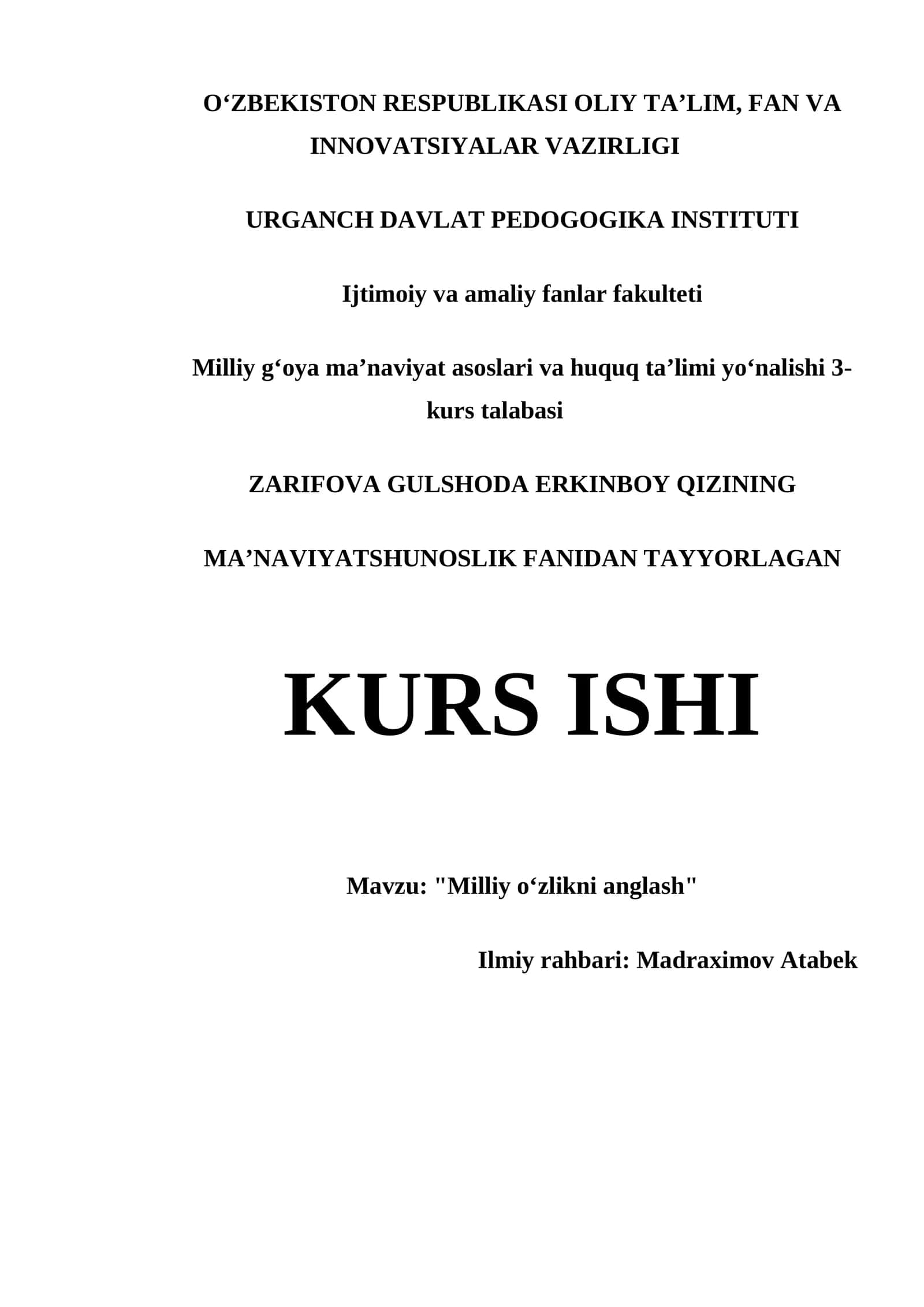 "Milliy oʻzlikni anglash" kurs ishi