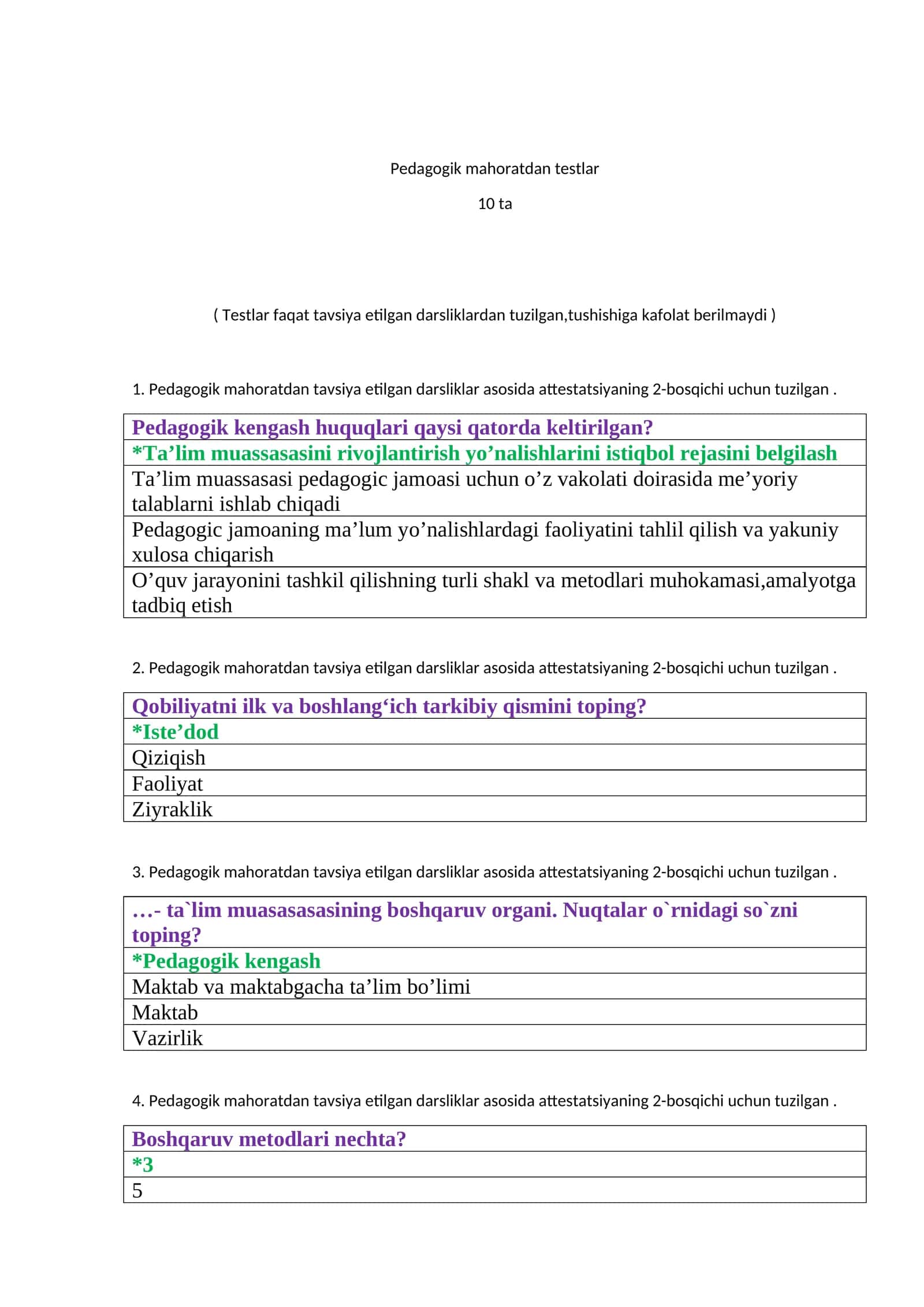 Pedagogik mahoratdan testlar