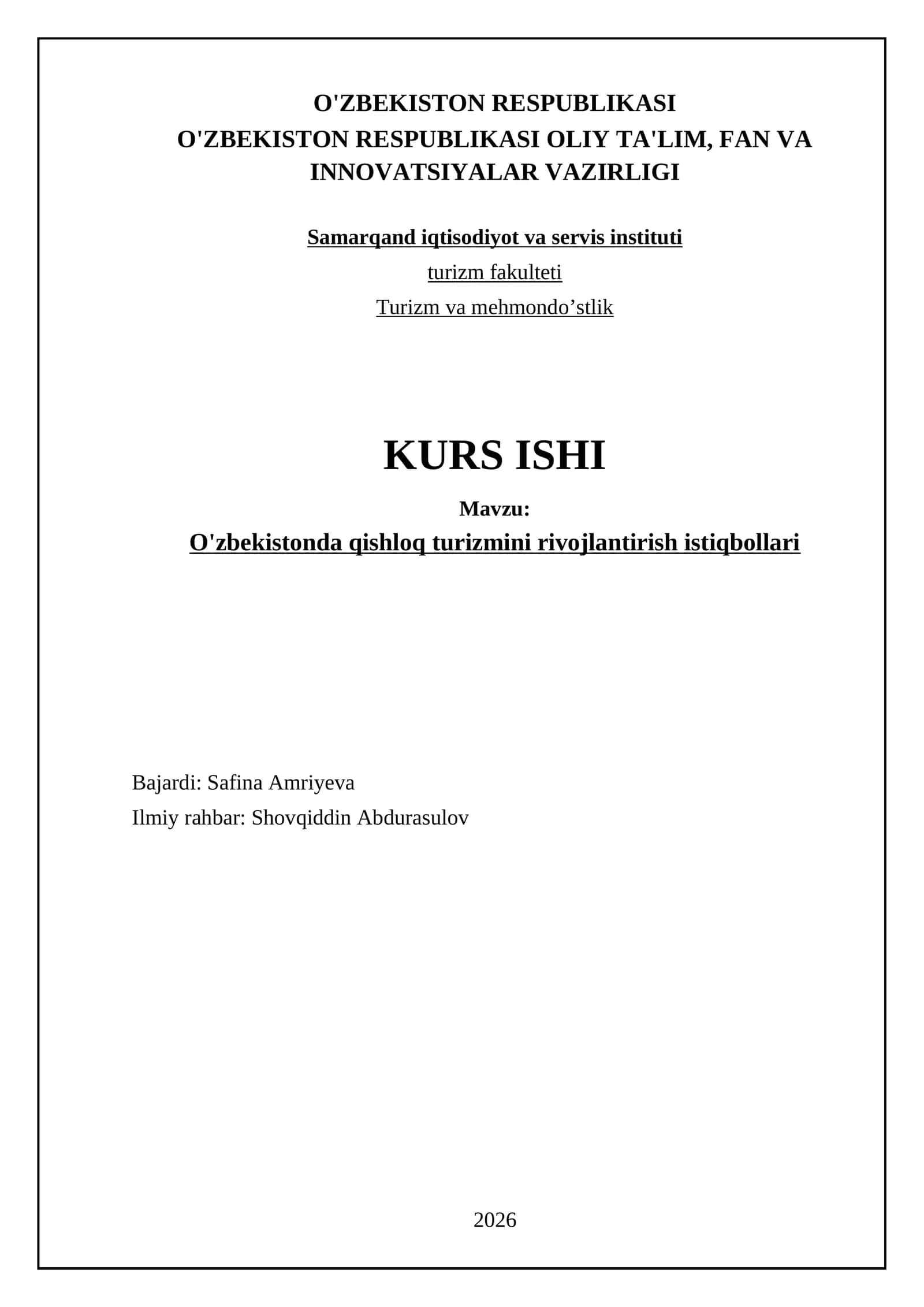 O'zbekistonda qishloq turizmini rivojlantirish istiqbollari