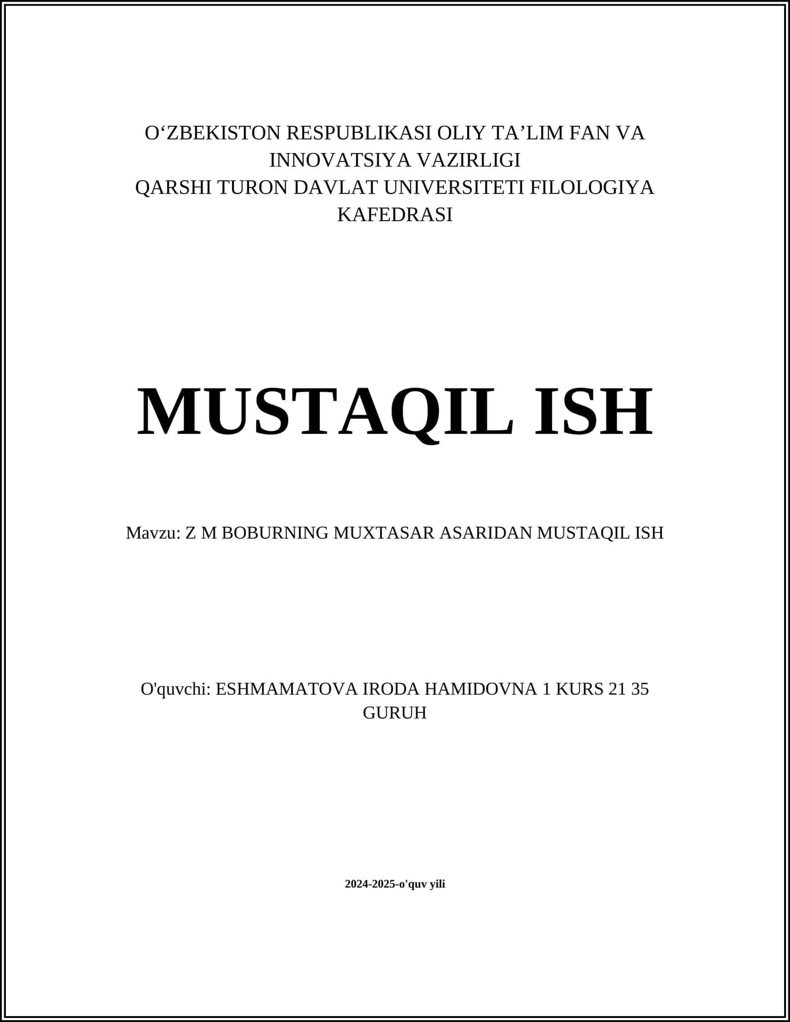Z M Boburning Muxtasar Asaridan Mustaqil Ish