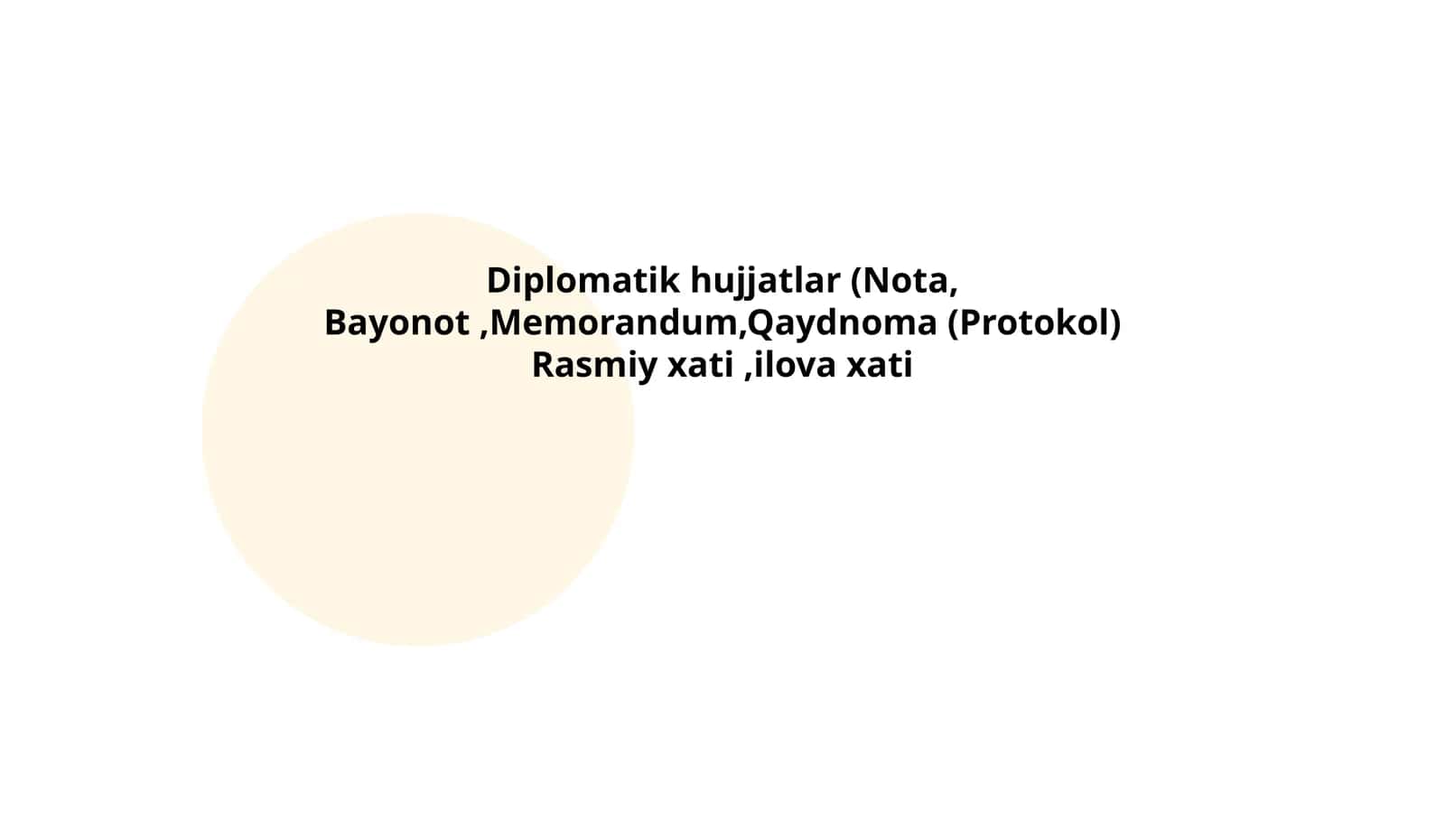 Diplomatik hujjatlar (Nota, Bayonot, Memurandum, Qaydnoma (Protokol) Rasmiy xati, ilova xati