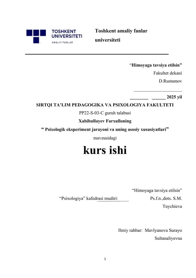 Psixologik eksperiment jarayoni va uning asosiy xususiyatlari