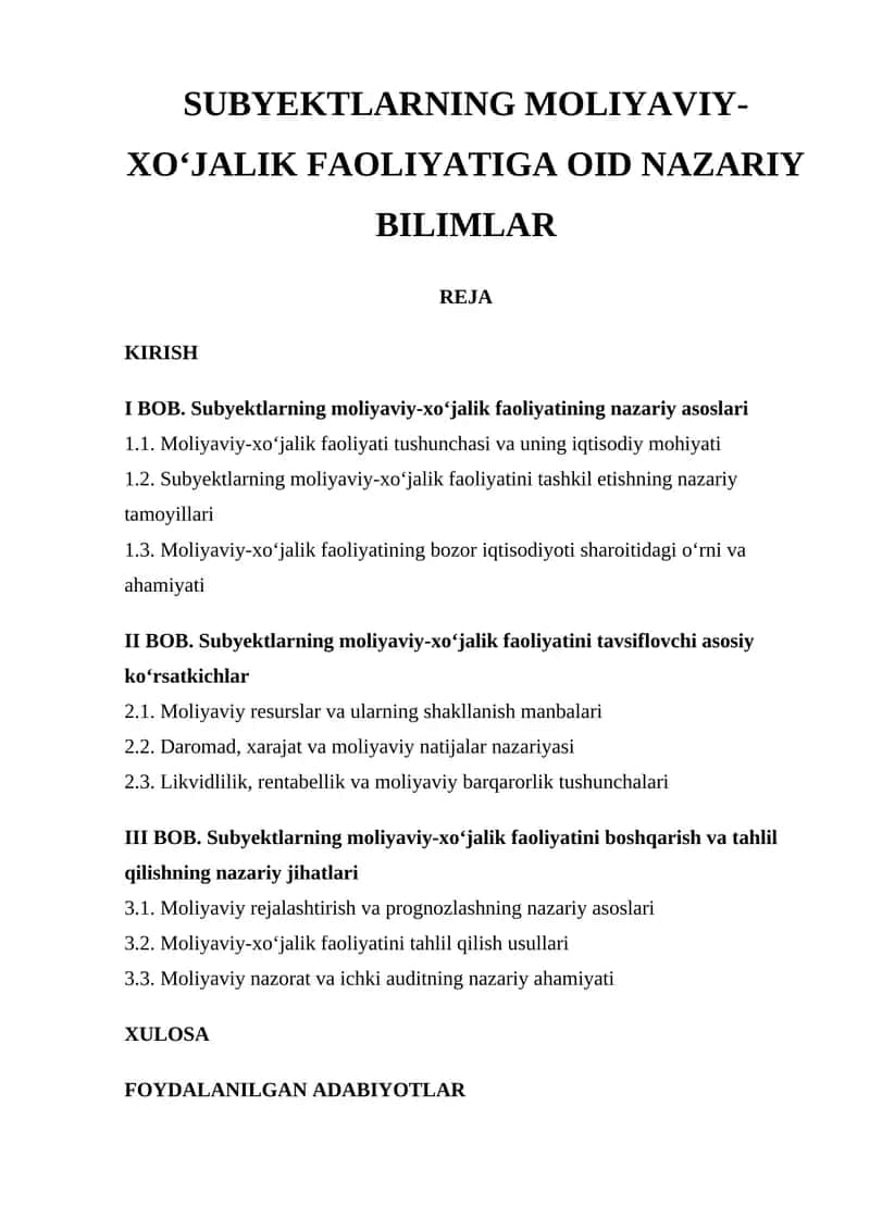 SUBYEKTLARNING MOLIYAVIY-XOʻJALIK FAOLIYATIGA OID NAZARIY BILIMLAR