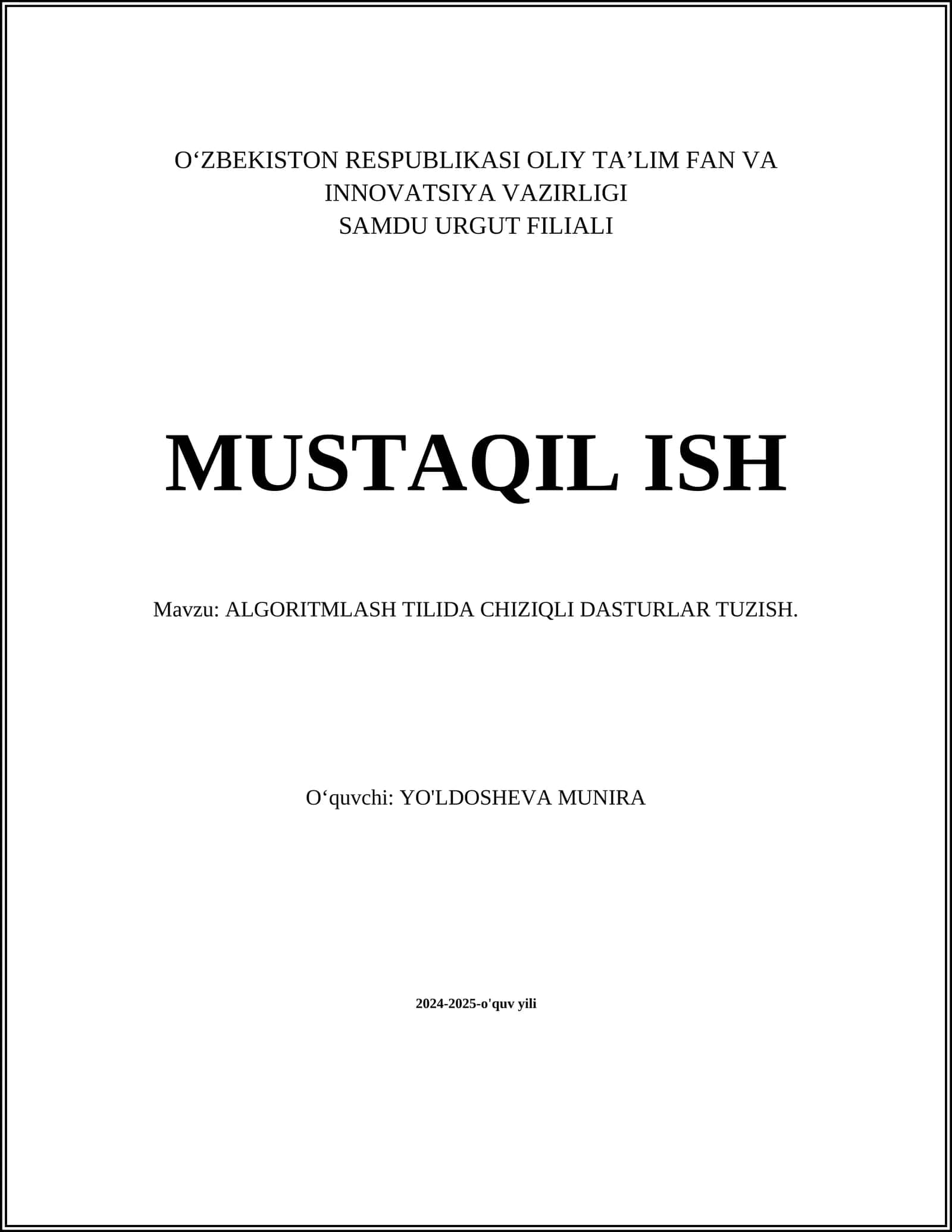 ALGORITMLASH TILIDA CHIZIQLI DASTURLAR TUZISH