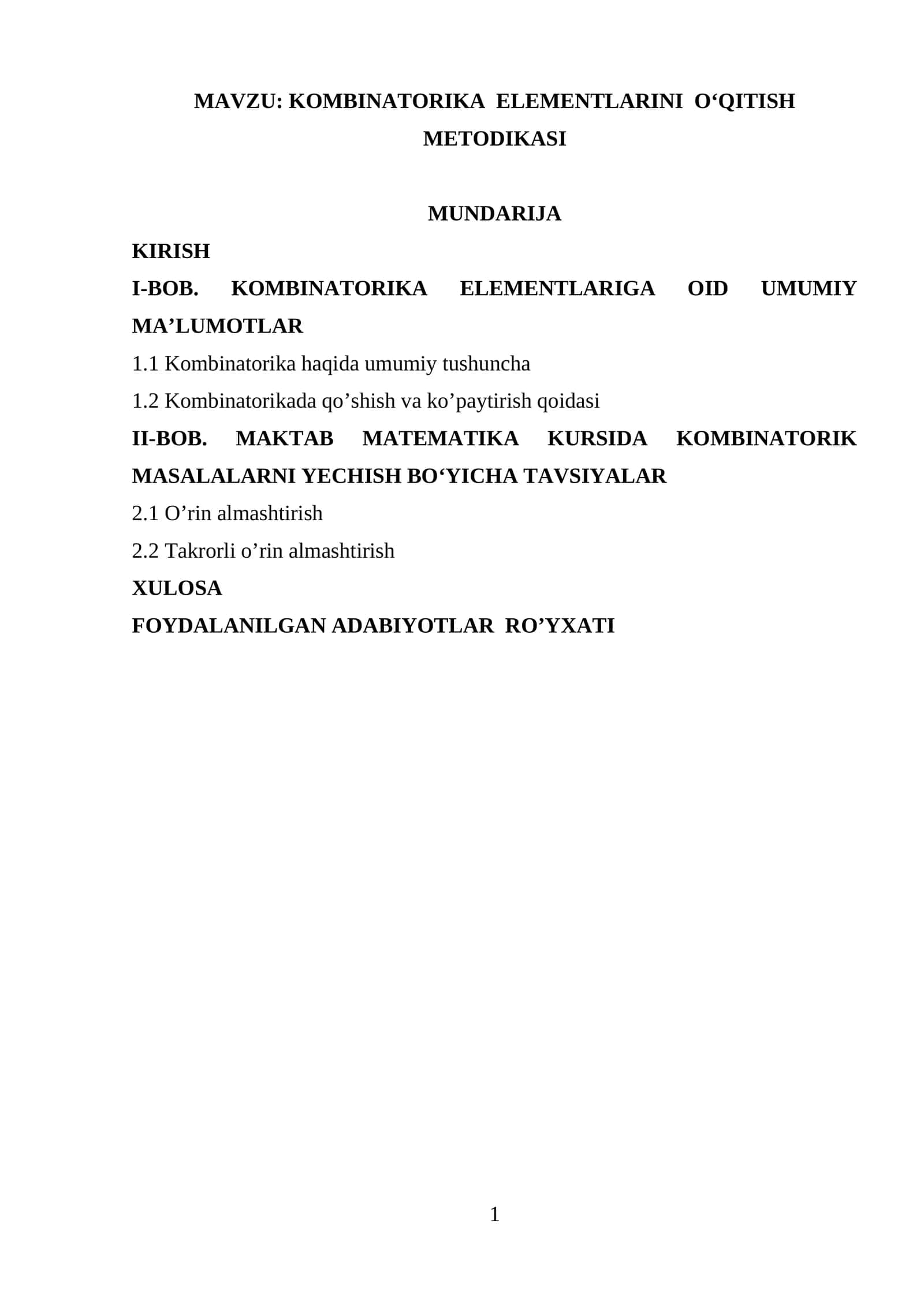 KOMBINATORIKA ELEMENTLARINI O‘QITISH METODIKASI