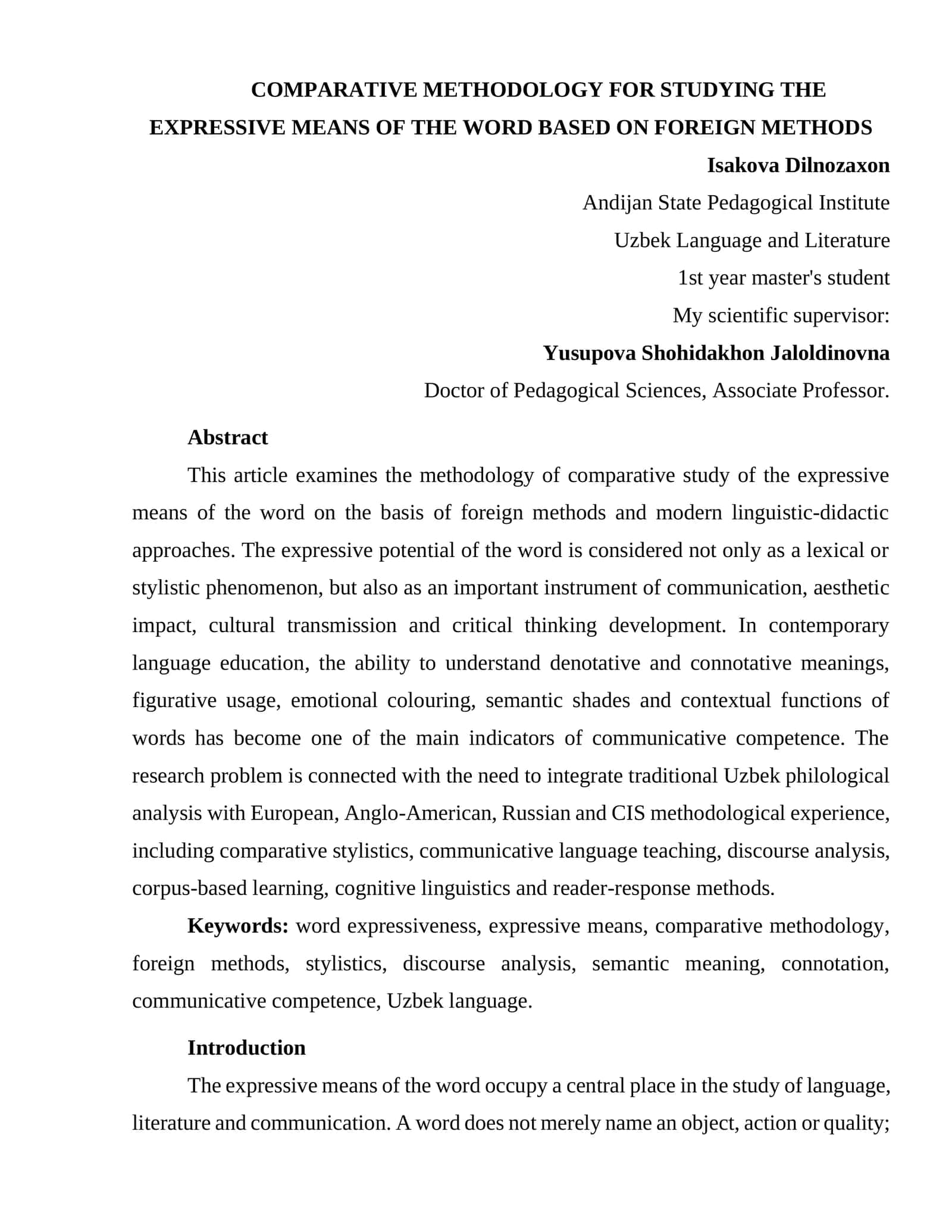 COMPARATIVE METHODOLOGY FOR STUDYING THE EXPRESSIVE MEANS OF THE WORD BASED ON FOREIGN METHODS